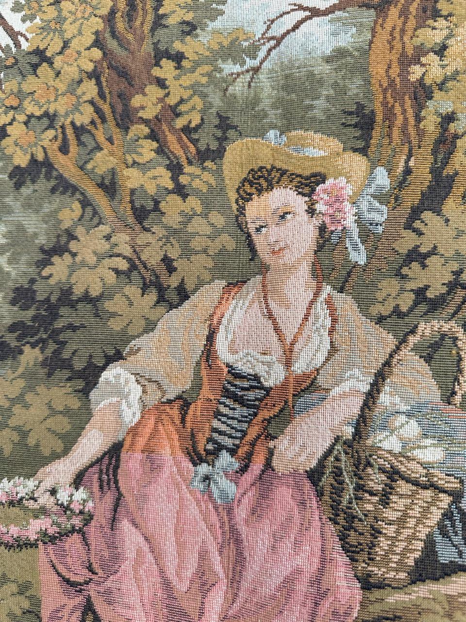 Pretty vintage French jacquard tapestry Aubusson style, “romantic rendezvous” For Sale 8