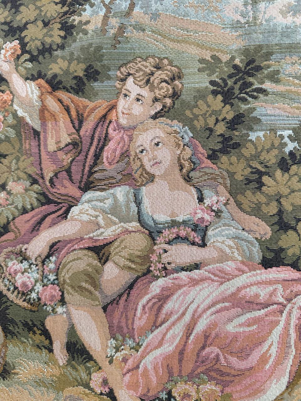 Pretty vintage French jacquard tapestry Aubusson style, “romantic rendezvous” For Sale 9