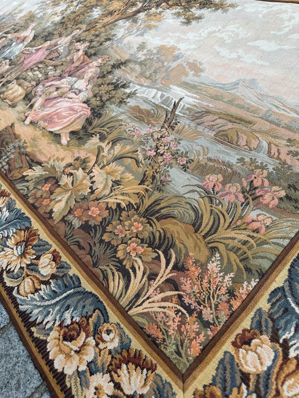 Pretty vintage French jacquard tapestry Aubusson style, “romantic rendezvous” For Sale 11
