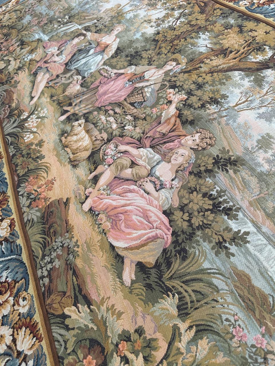 Pretty vintage French jacquard tapestry Aubusson style, “romantic rendezvous” For Sale 12