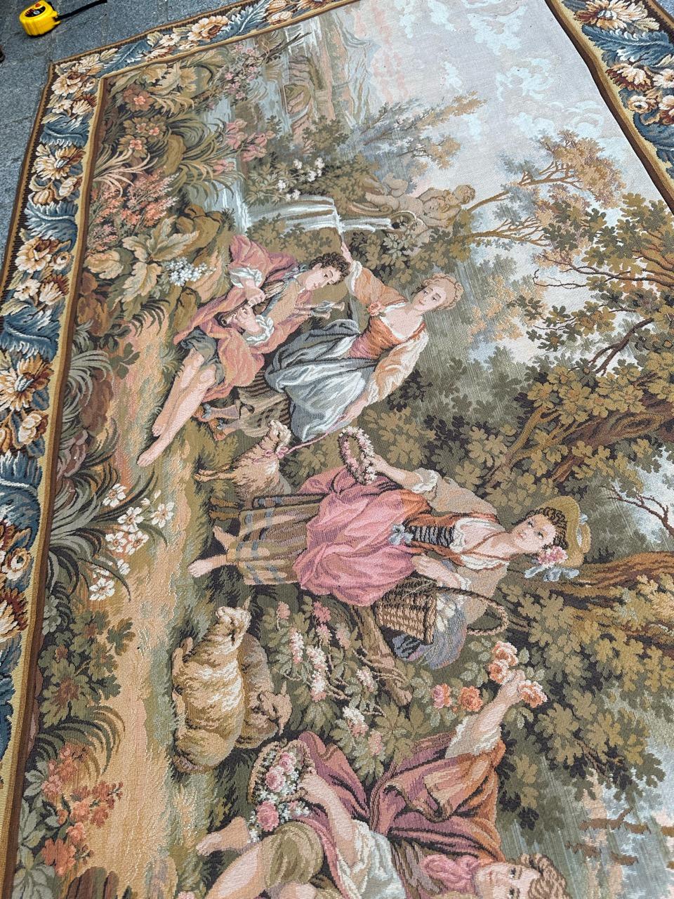 Pretty vintage French jacquard tapestry Aubusson style, “romantic rendezvous” For Sale 13