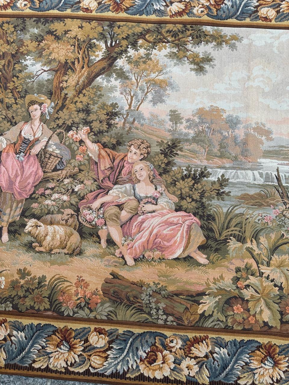 Discover the exquisite charm of this late 20th-century French tapestry, meticulously woven on Jacquard looms in Jules Pansu's workshops. Crafted from a blend of cotton, wool, and acrylic, it captures a design of the drawing called (rendez-vous