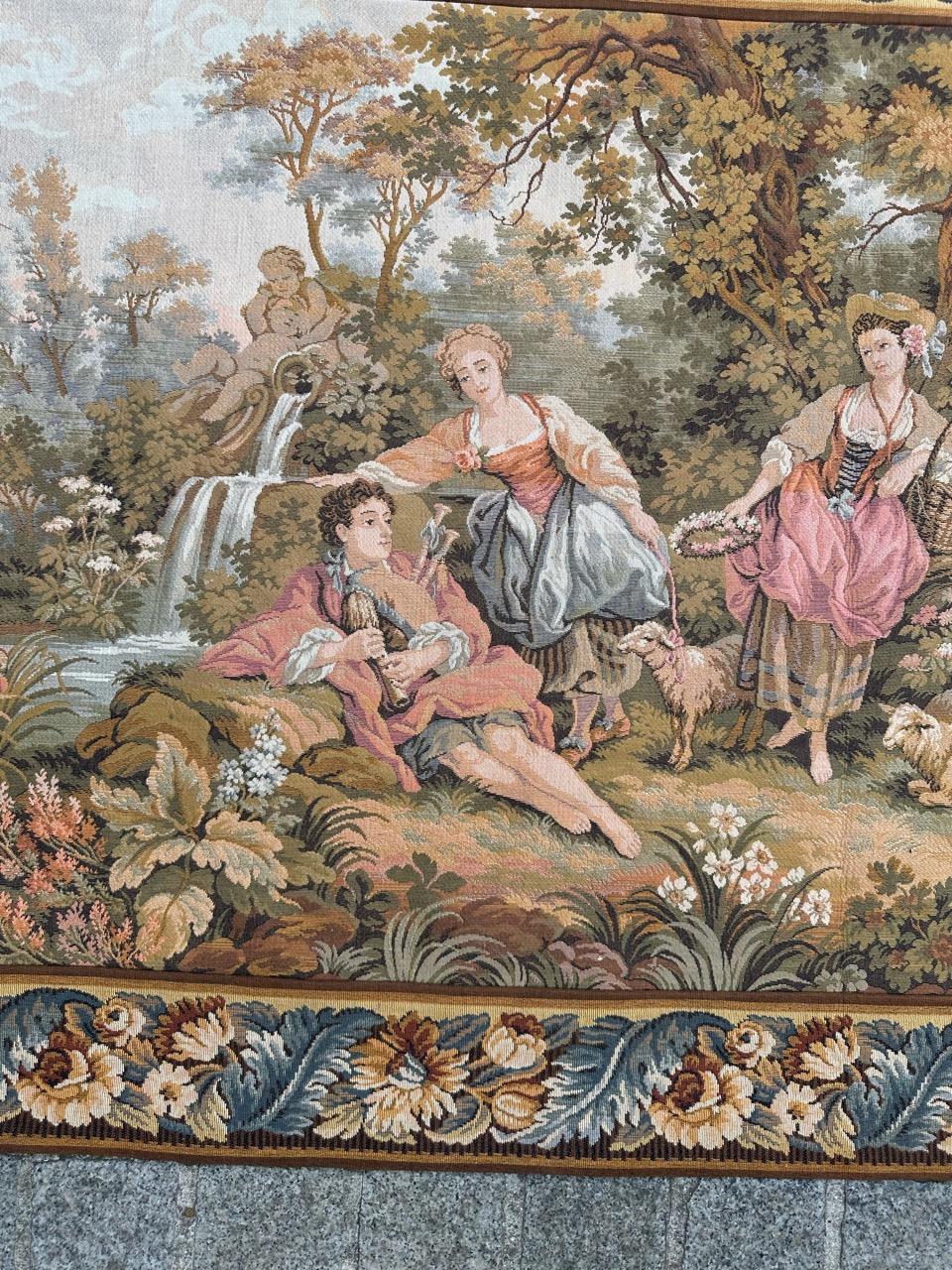 Pretty vintage French jacquard tapestry Aubusson style, “romantic rendezvous” For Sale 14