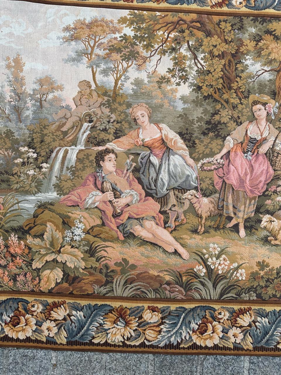 Machine-Made Pretty vintage French jacquard tapestry Aubusson style, “romantic rendezvous” For Sale