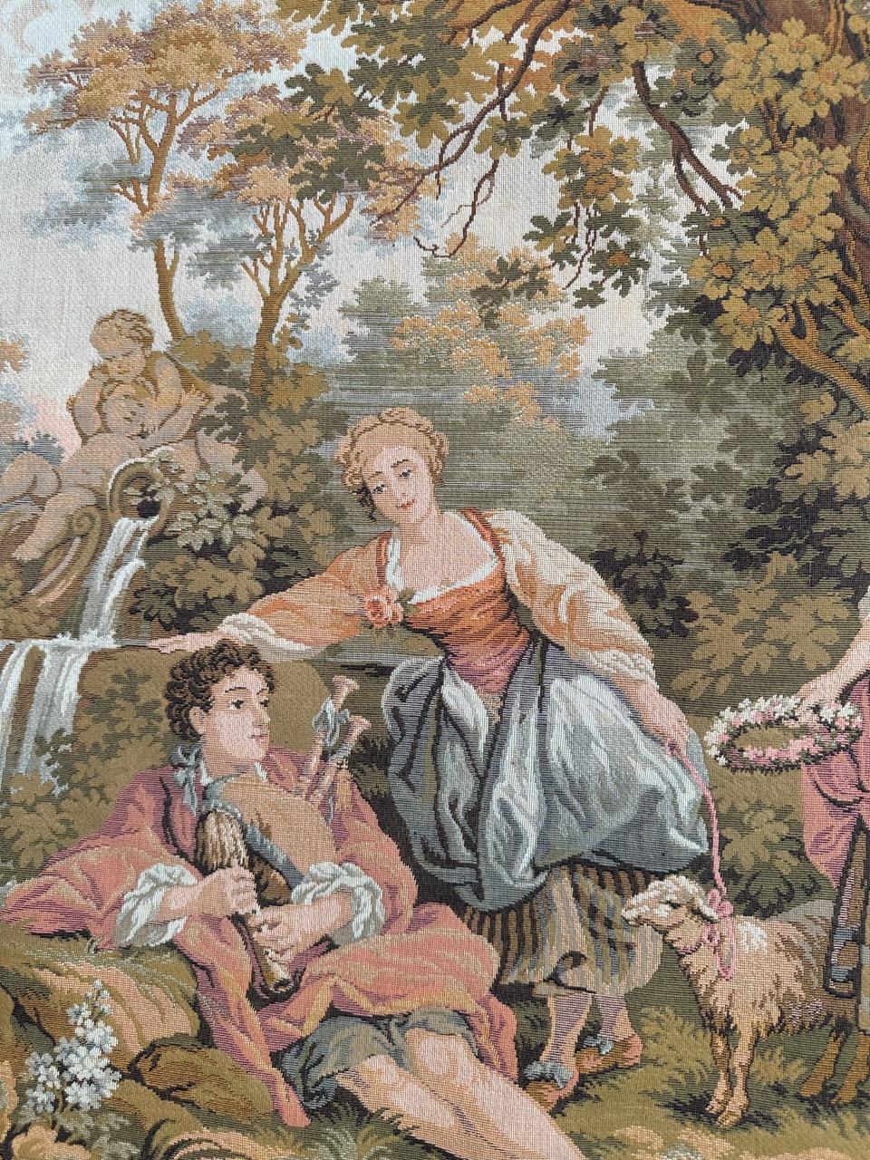 Pretty vintage French jacquard tapestry Aubusson style, “romantic rendezvous” In Good Condition For Sale In Saint Ouen, FR