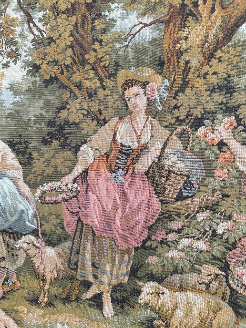 20th Century Pretty vintage French jacquard tapestry Aubusson style, “romantic rendezvous” For Sale