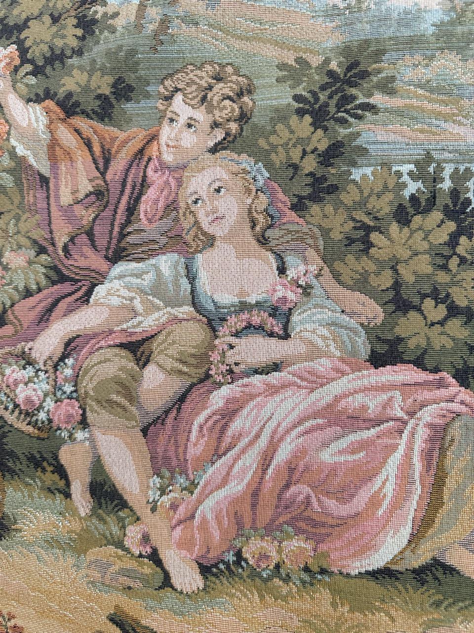 Wool Pretty vintage French jacquard tapestry Aubusson style, “romantic rendezvous” For Sale