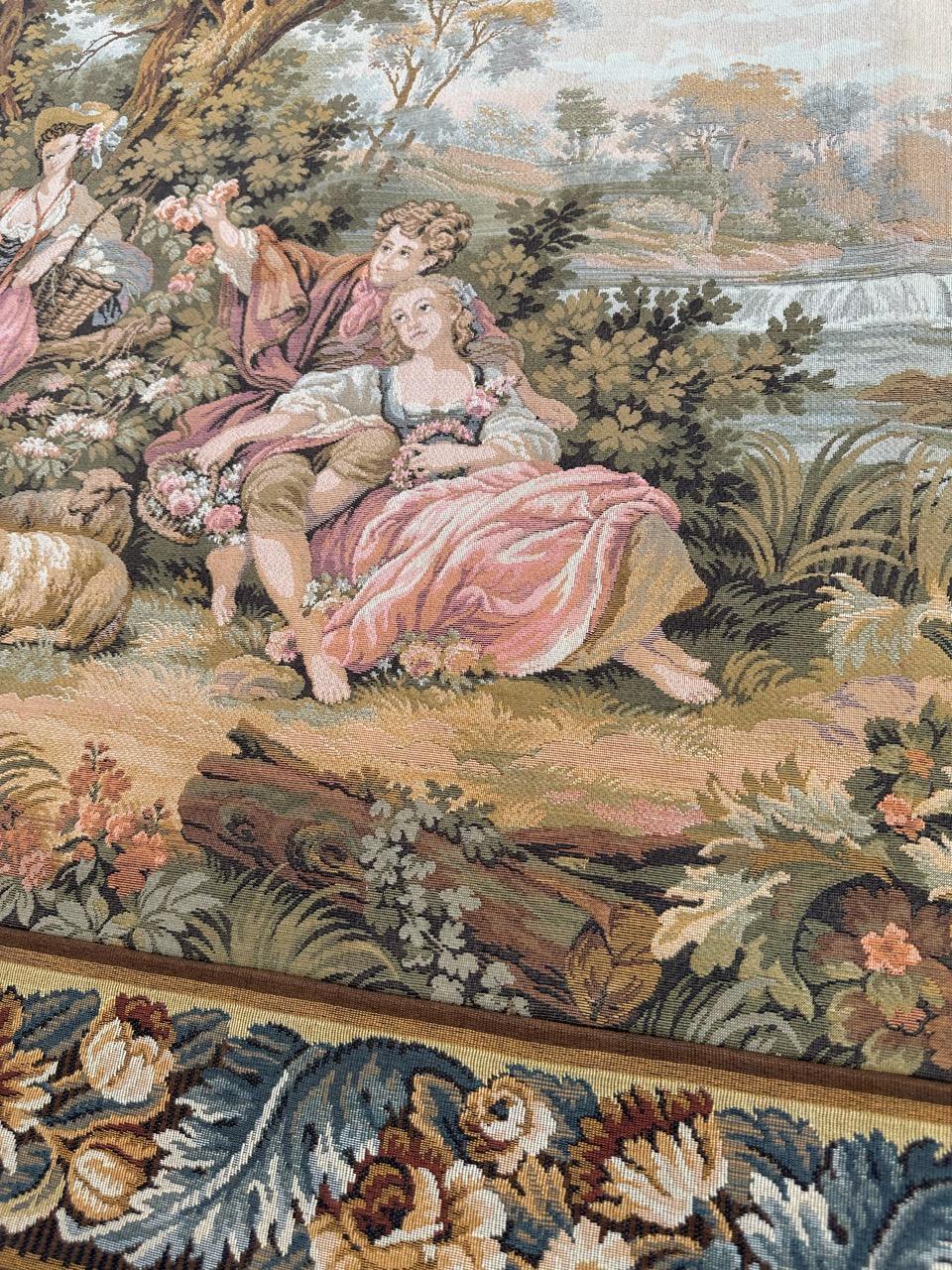 Pretty vintage French jacquard tapestry Aubusson style, “romantic rendezvous” For Sale 3