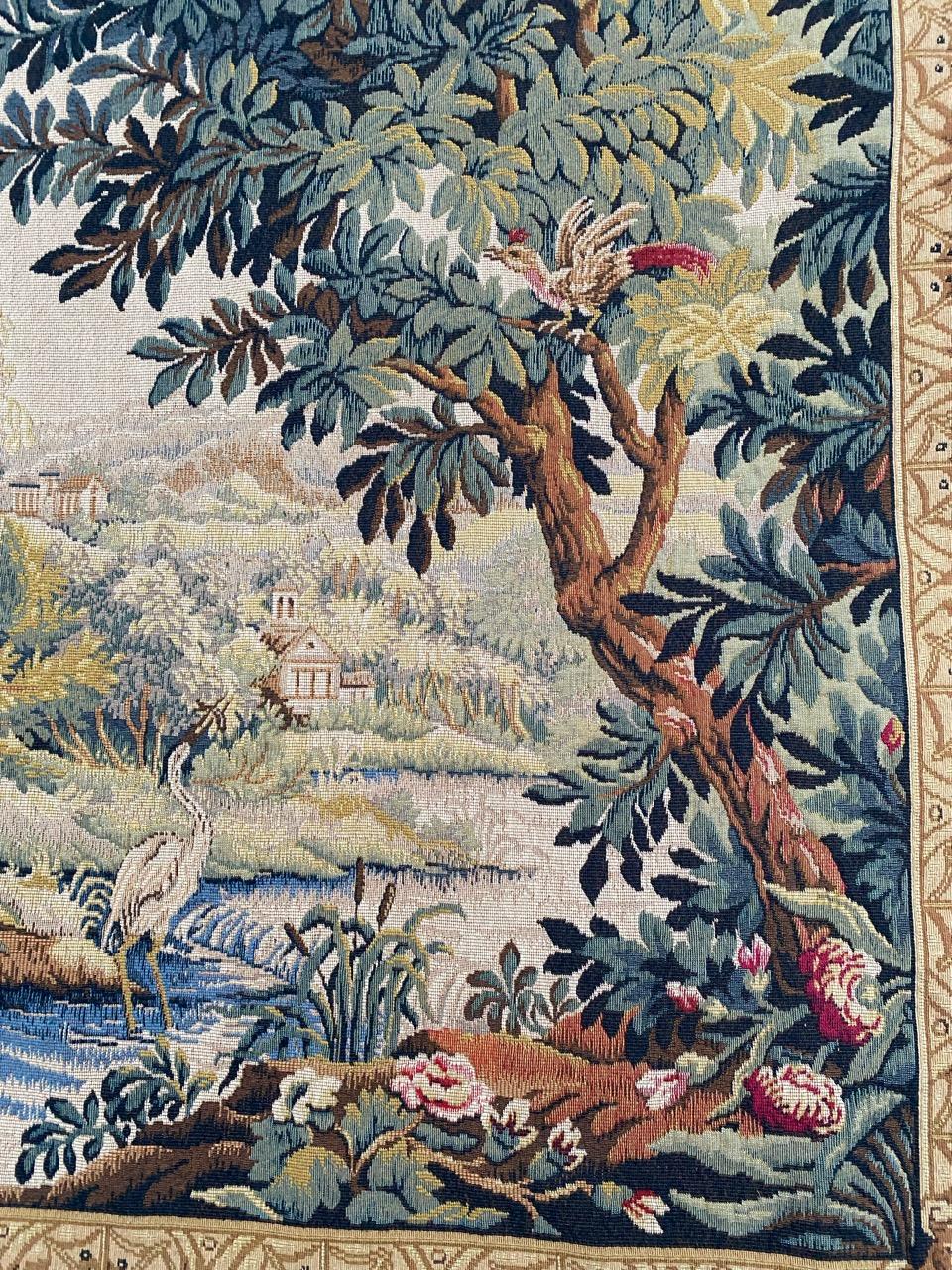 Very beautiful late 20th century french tapestry with nice design of 18th century Aubusson tapestries with nature and town, with beautiful colors woven with mechanical Jaquar manufacturing with wool and cotton.