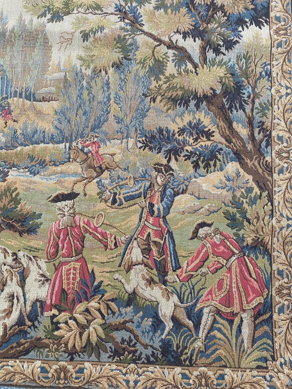 Nice mid century French Aubusson style tapestry with beautiful design of 18th century tapestries with a hunting design and nice colors, mechanical Jaquar manufacturing woven with wool and cotton.