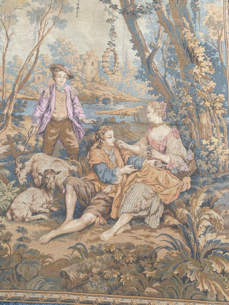 Nice mid-century french Aubusson style tapestry with beautiful Boucher style design of a gallant scene and nice colors, woven on mechanical Jaquar manufacturing with wool and cotton.

✨✨✨
