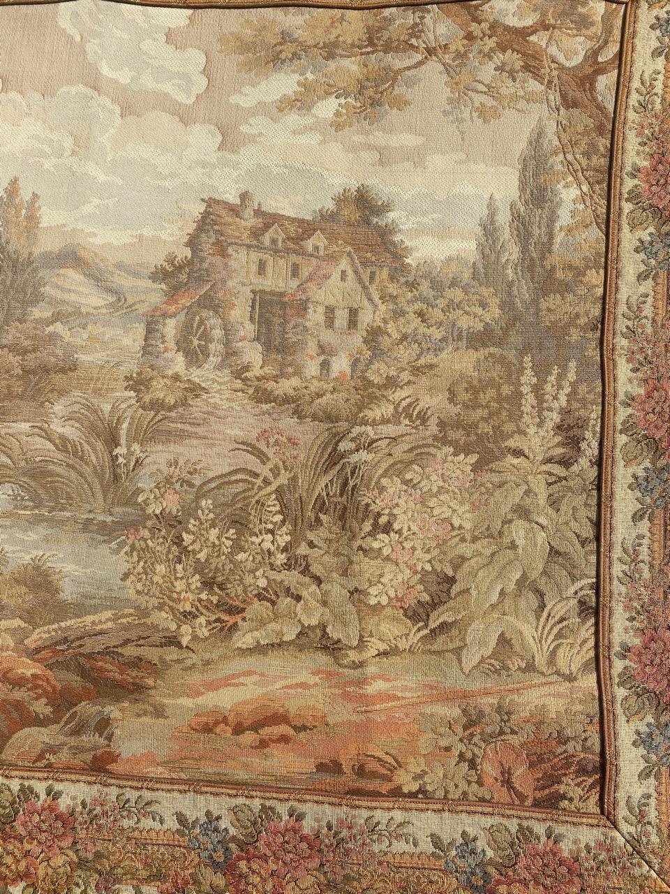 Nice french Aubusson style tapestry with beautiful design of nature and town, and nice colors, woven by mechanical Jaquar manufacturing with wool and cotton.

✨✨✨
