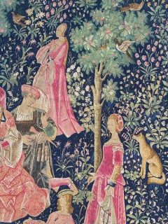 jolie tapisserie sérigraphiée vintage française de design médiéval "fêtes galantes"
