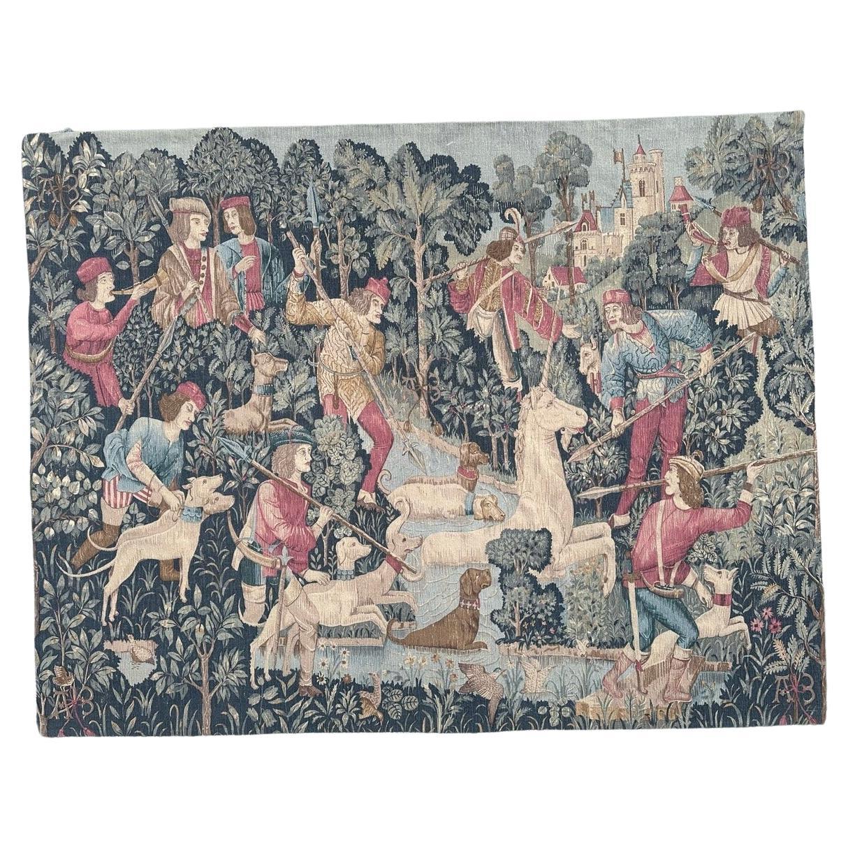 Bonito Tapiz Vintage francés serigrafiado de diseño medieval "caza del unicornio"