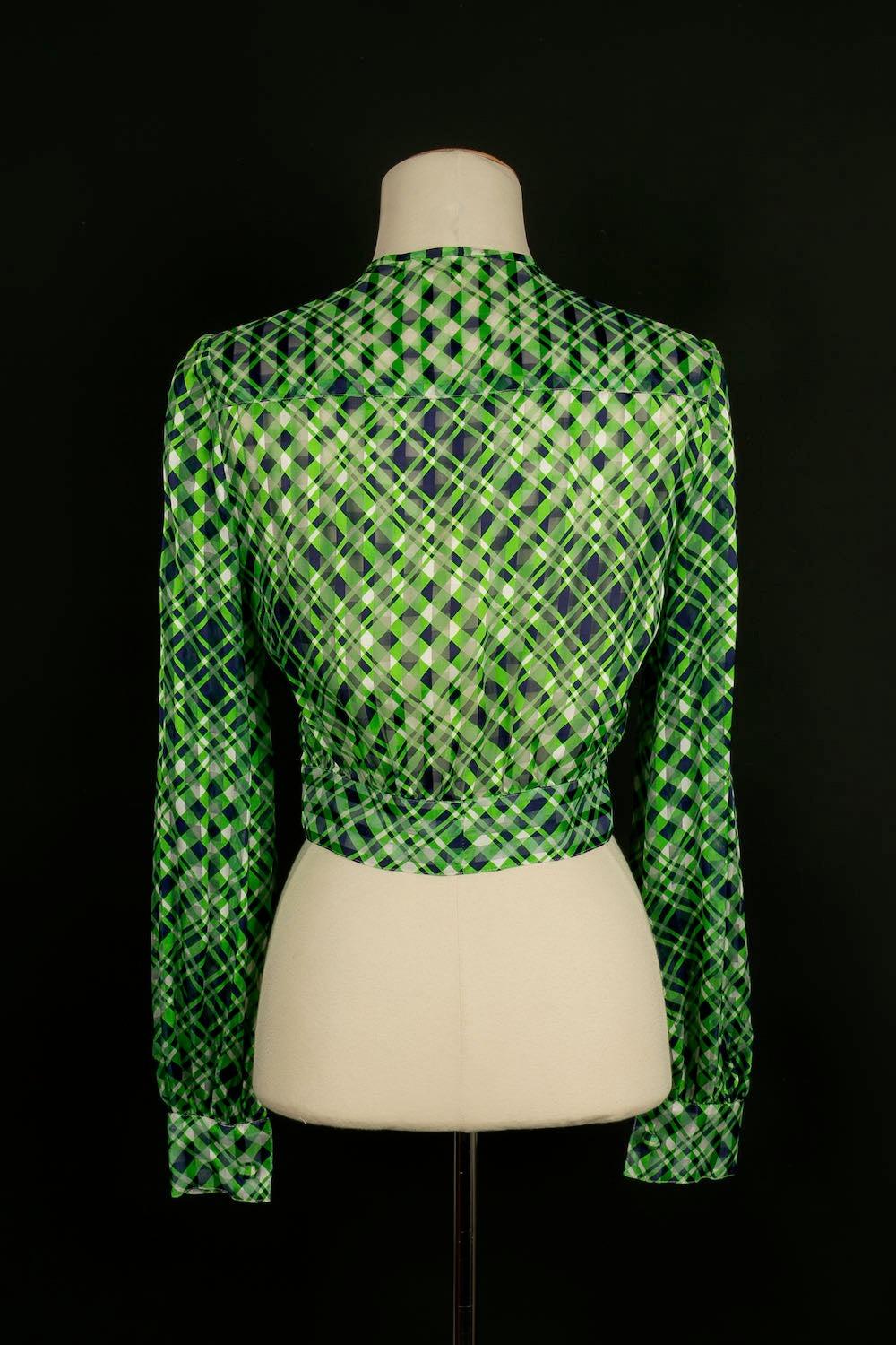 Pretty Vintage Green and Blue Blouse, 1960s  In Excellent Condition For Sale In SAINT-OUEN-SUR-SEINE, FR