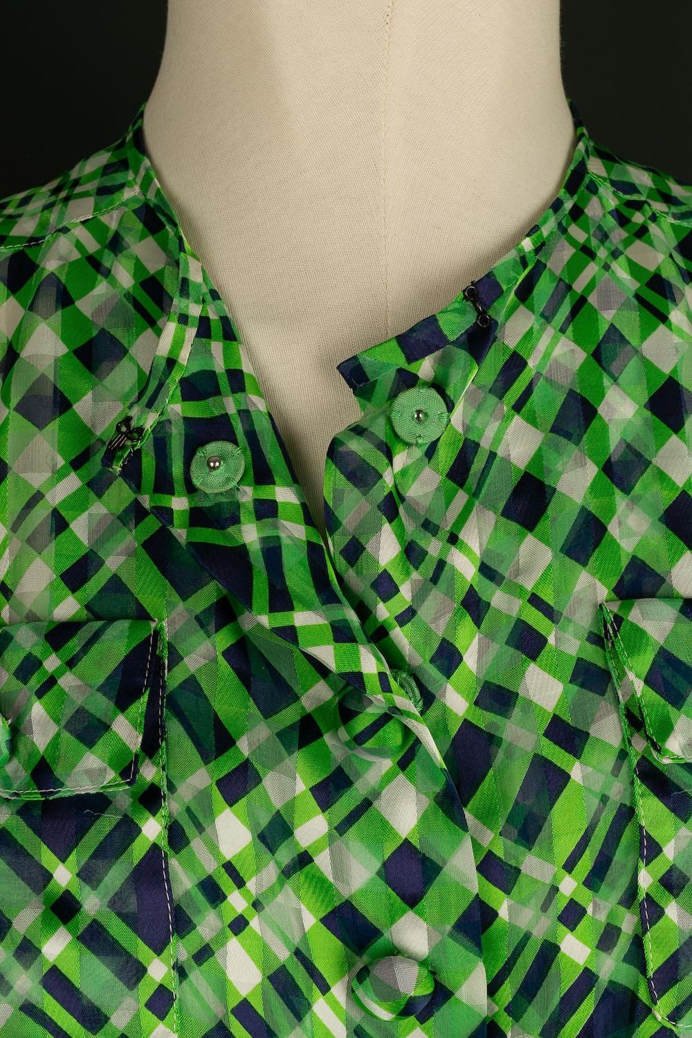 Pretty Vintage Green and Blue Blouse, 1960s  For Sale 1