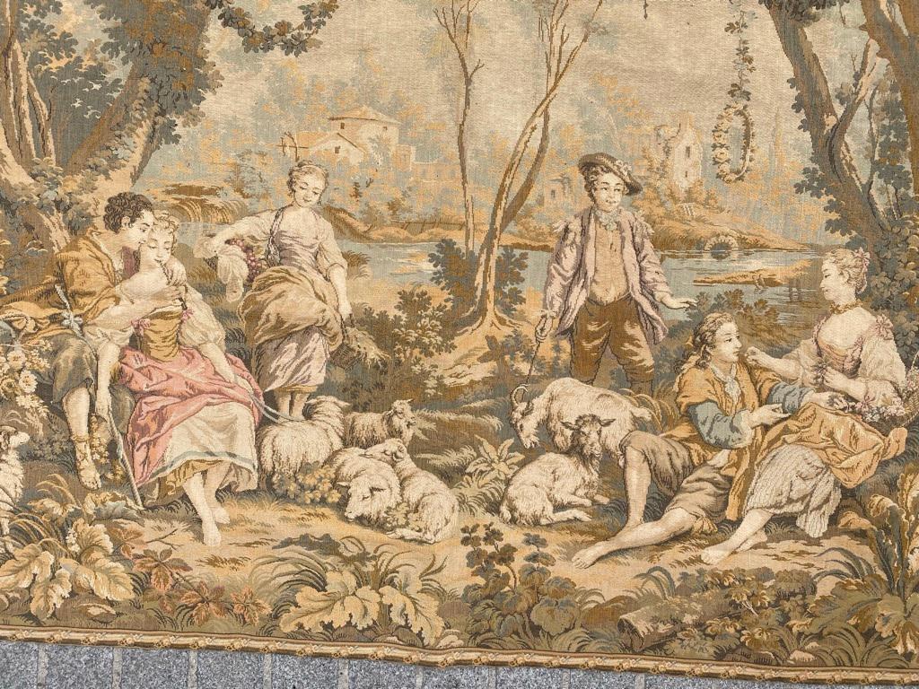 Very beautiful mid-century French Aubusson style tapestry with nice design and beautiful colors, mechanical Jaquar manufacturing with wool and cotton.

✨✨✨
