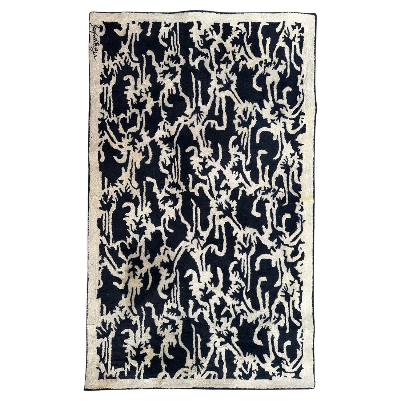 Bobyrug’s Pretty vintage modern rug with signature  For Sale