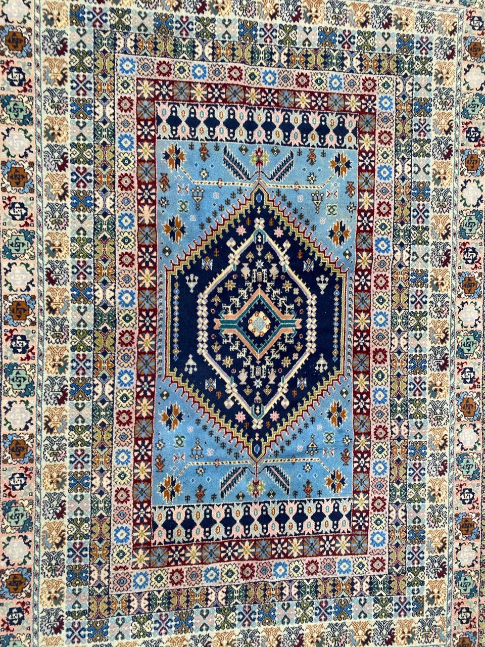 Nice mid century Moroccan rug from Rabat, with beautiful tribal and geometrical design and nice colors with a sky blue field, entirely hand knotted with wool velvet on Cotton foundation.

✨✨✨
