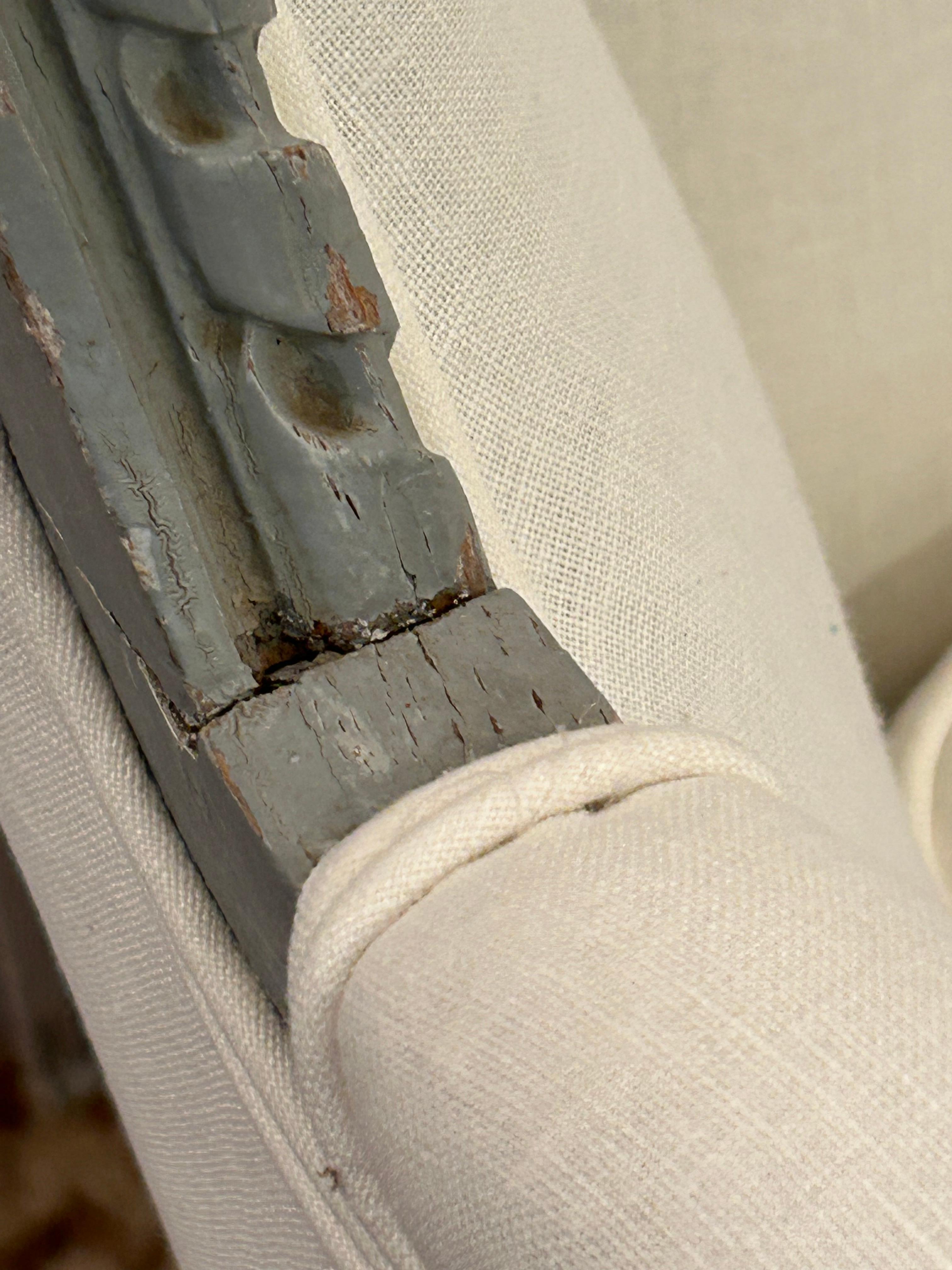 Pretty Vintage Pair French Style Grey Painted and Freshly Upholstered Bergeres For Sale 10