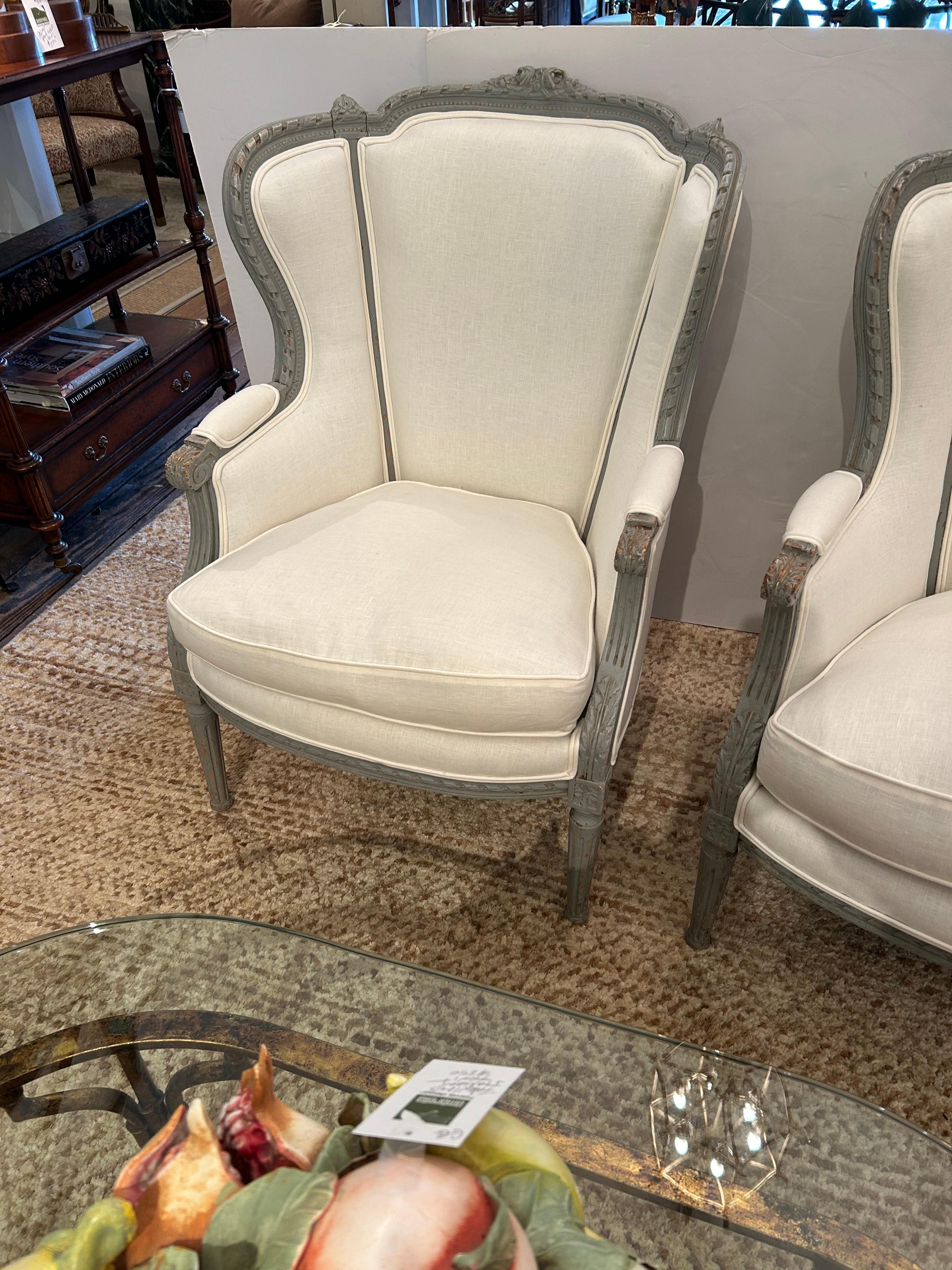 Louis XVI Pretty Vintage Pair French Style Grey Painted and Freshly Upholstered Bergeres For Sale