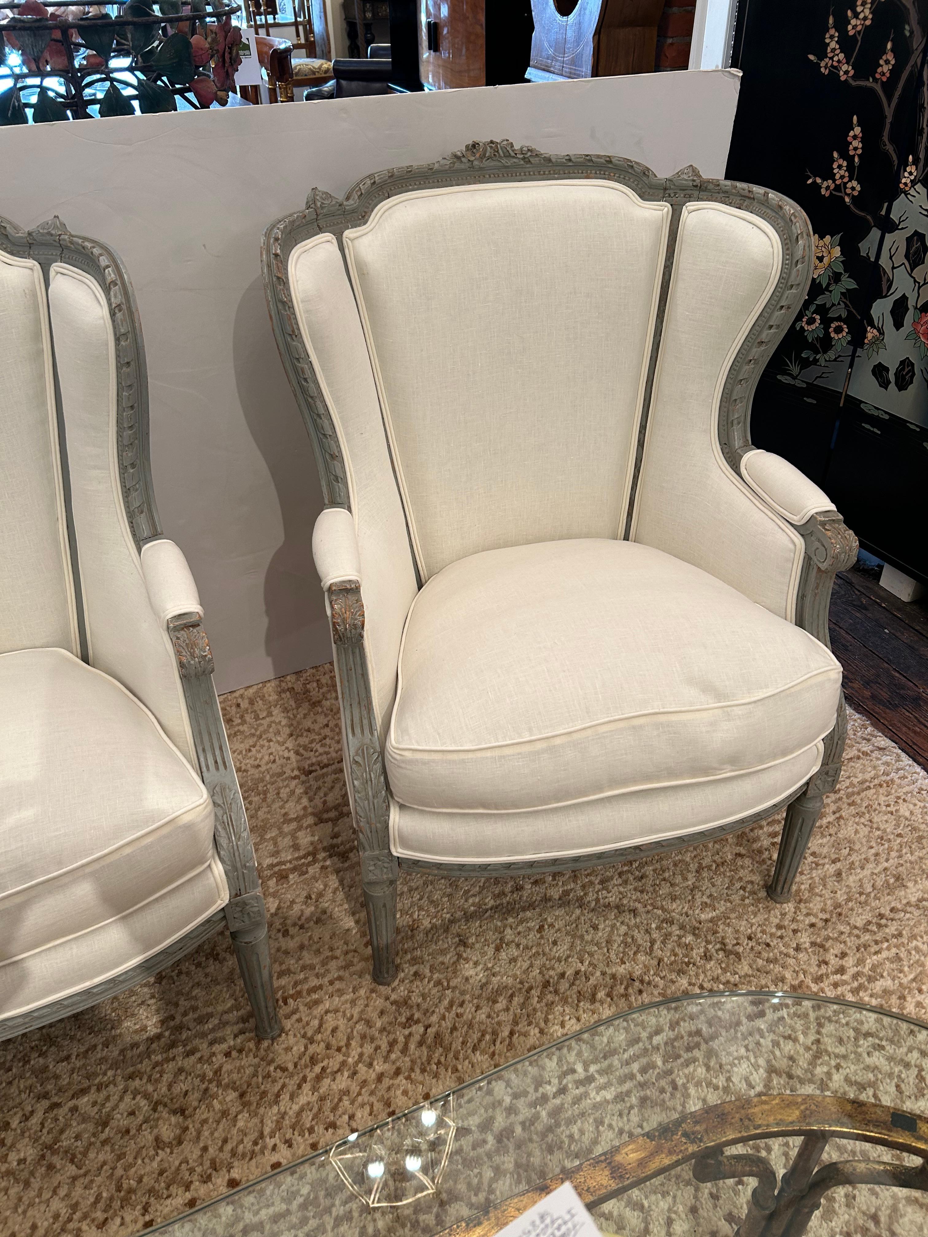 American Pretty Vintage Pair French Style Grey Painted and Freshly Upholstered Bergeres For Sale