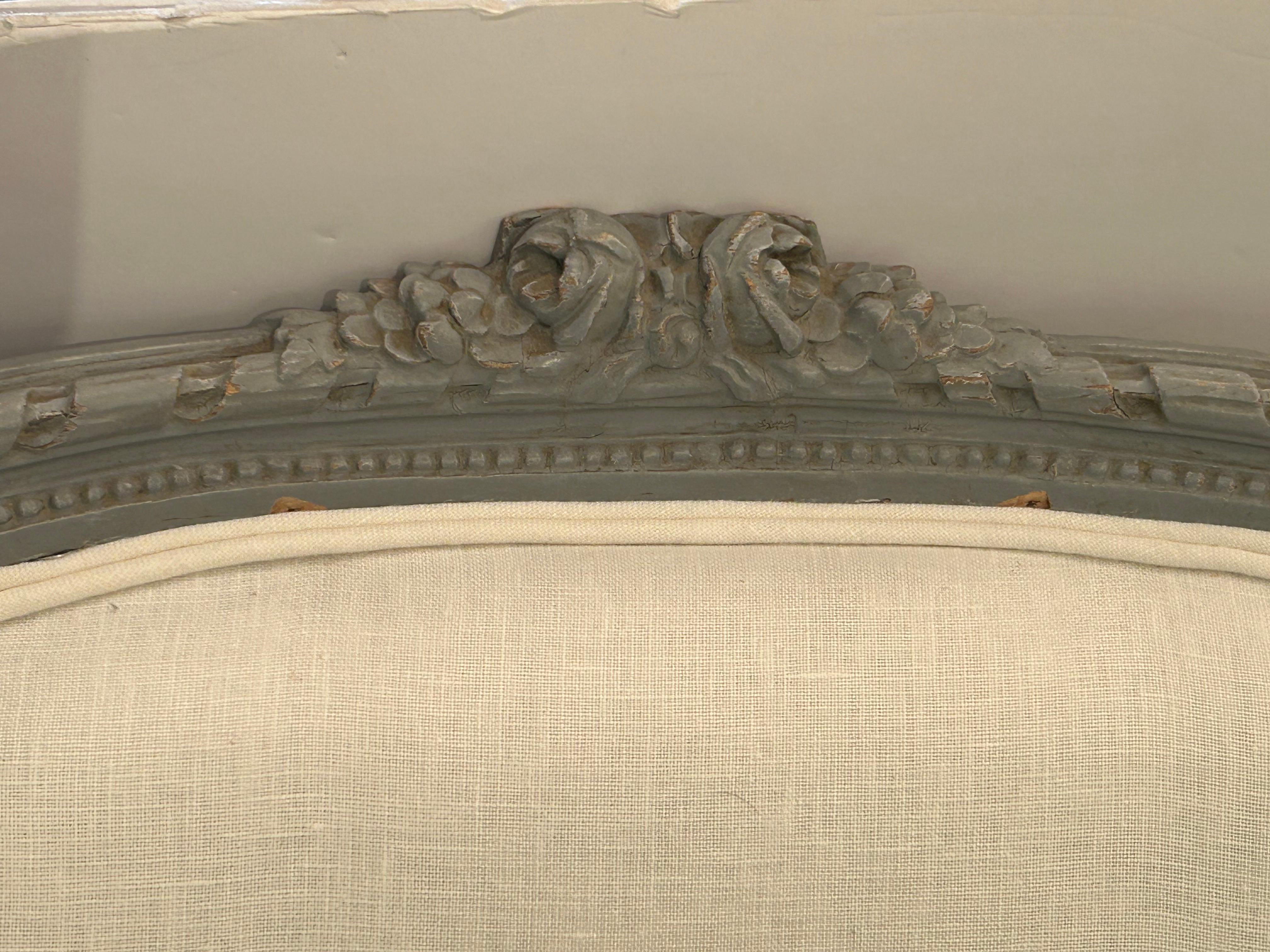 Pretty Vintage Pair French Style Grey Painted and Freshly Upholstered Bergeres For Sale 1