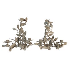Pretty Vintage Pair of Iron and Tole Painted Antique White Candle Sconces