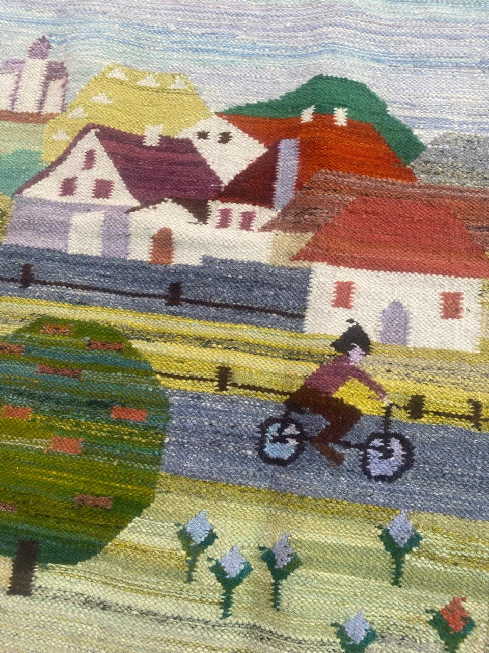 Very beautiful mid 20th century polish tapestry with beautiful design of the town in childish style and nice colors, entirely hand woven with wool on cotton foundation.