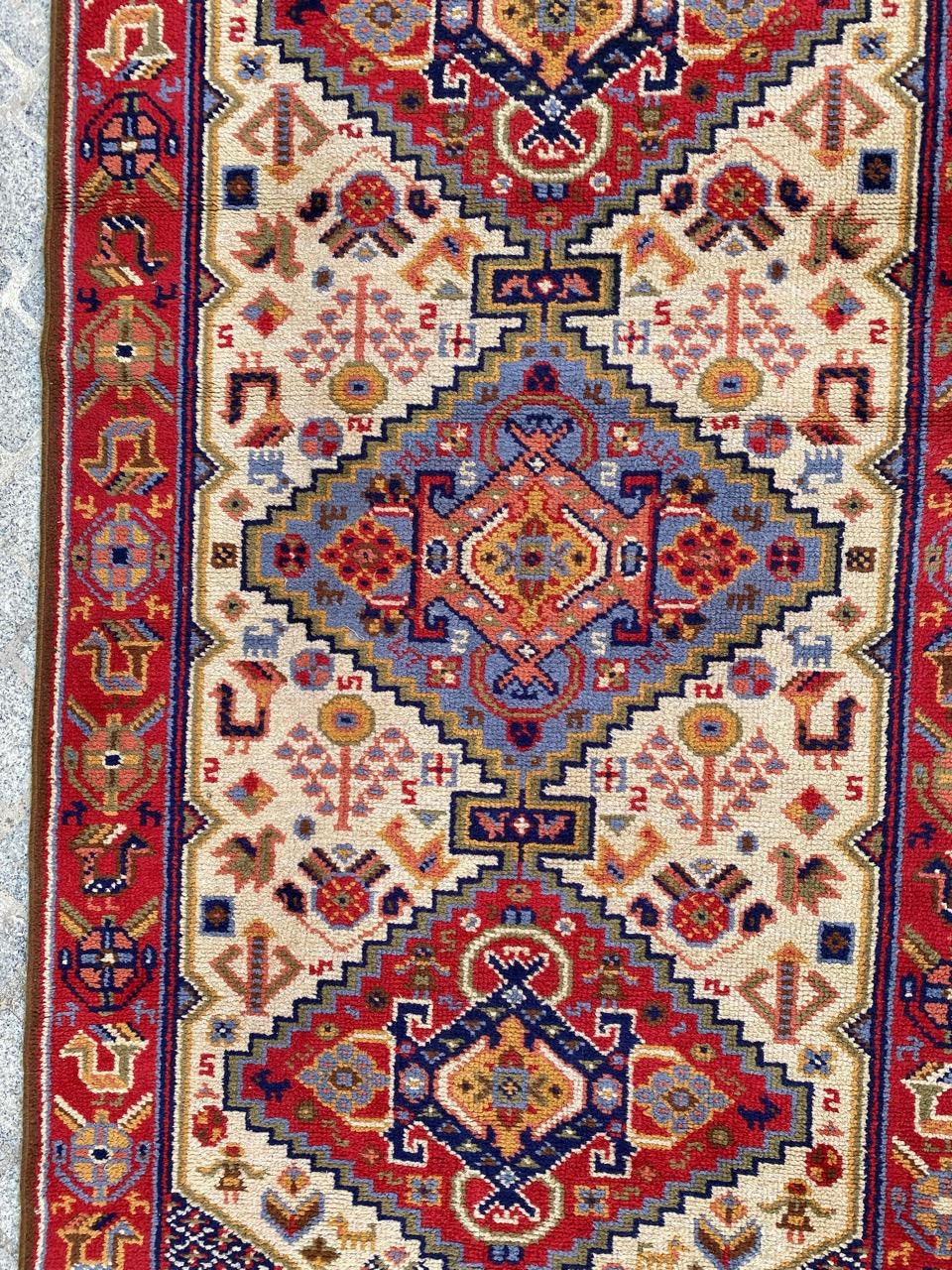 Rustic Bobyrug’s Pretty vintage Shiraz style french knotted rug For Sale