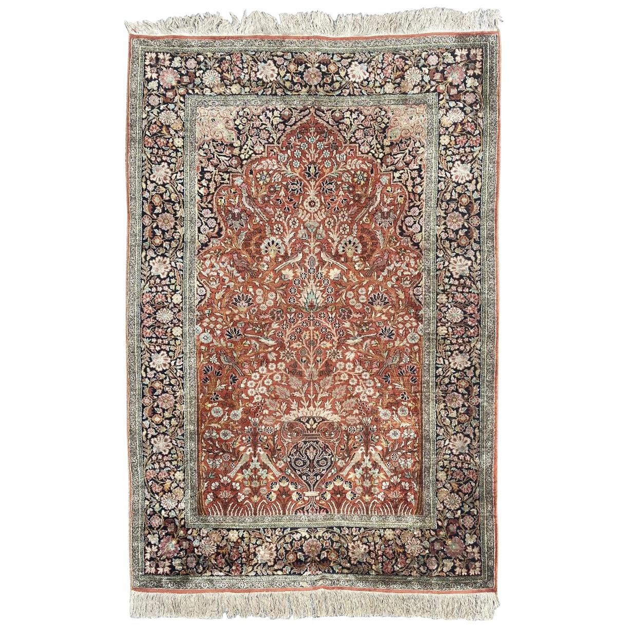 Kashmir Pure Silk Indian Rug with Panel Design For Sale at 1stDibs