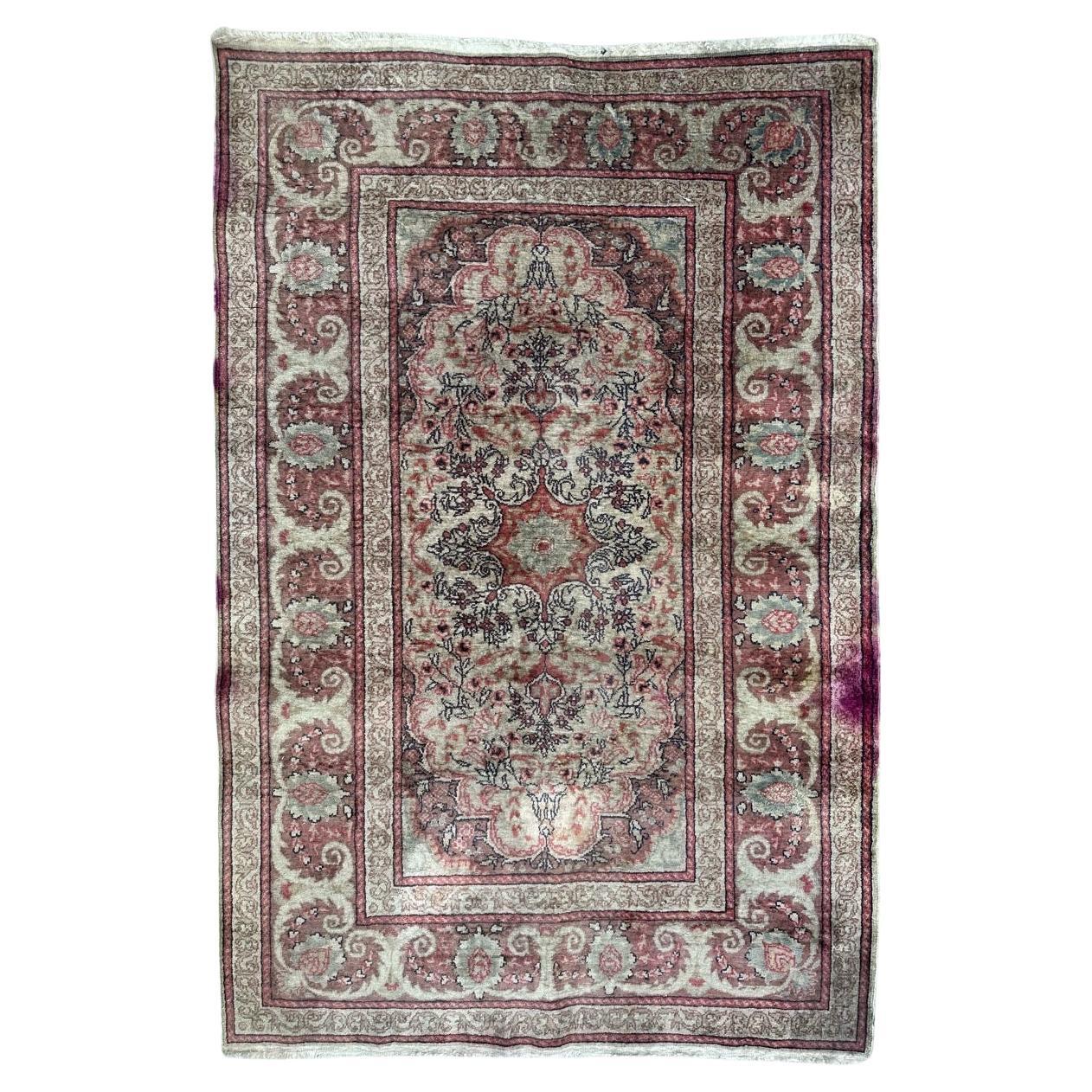Bobyrug’s Pretty vintage silk Turkish Kayseri rug  For Sale