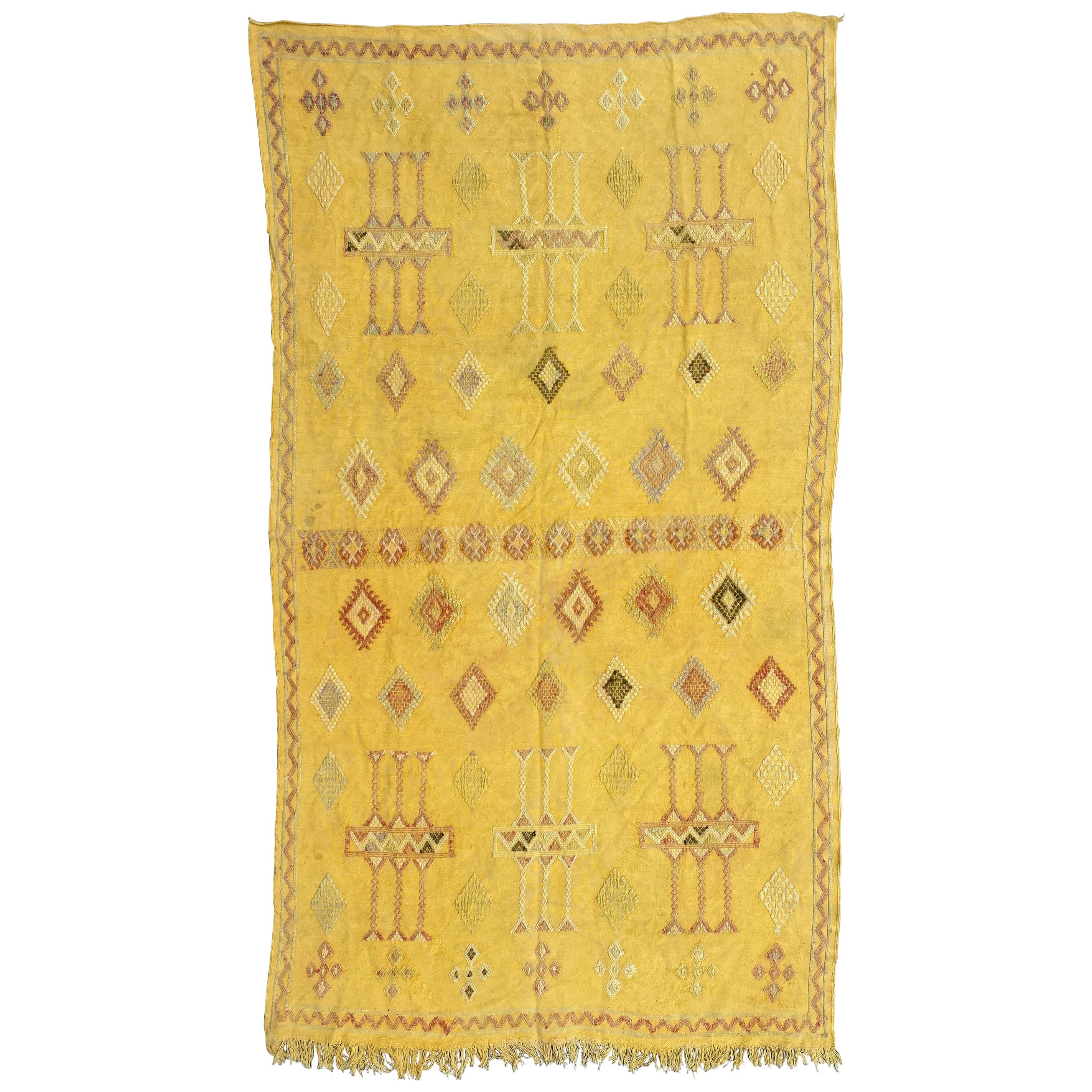 Pretty Vintage Tribal Silk Moroccan Kilim For Sale