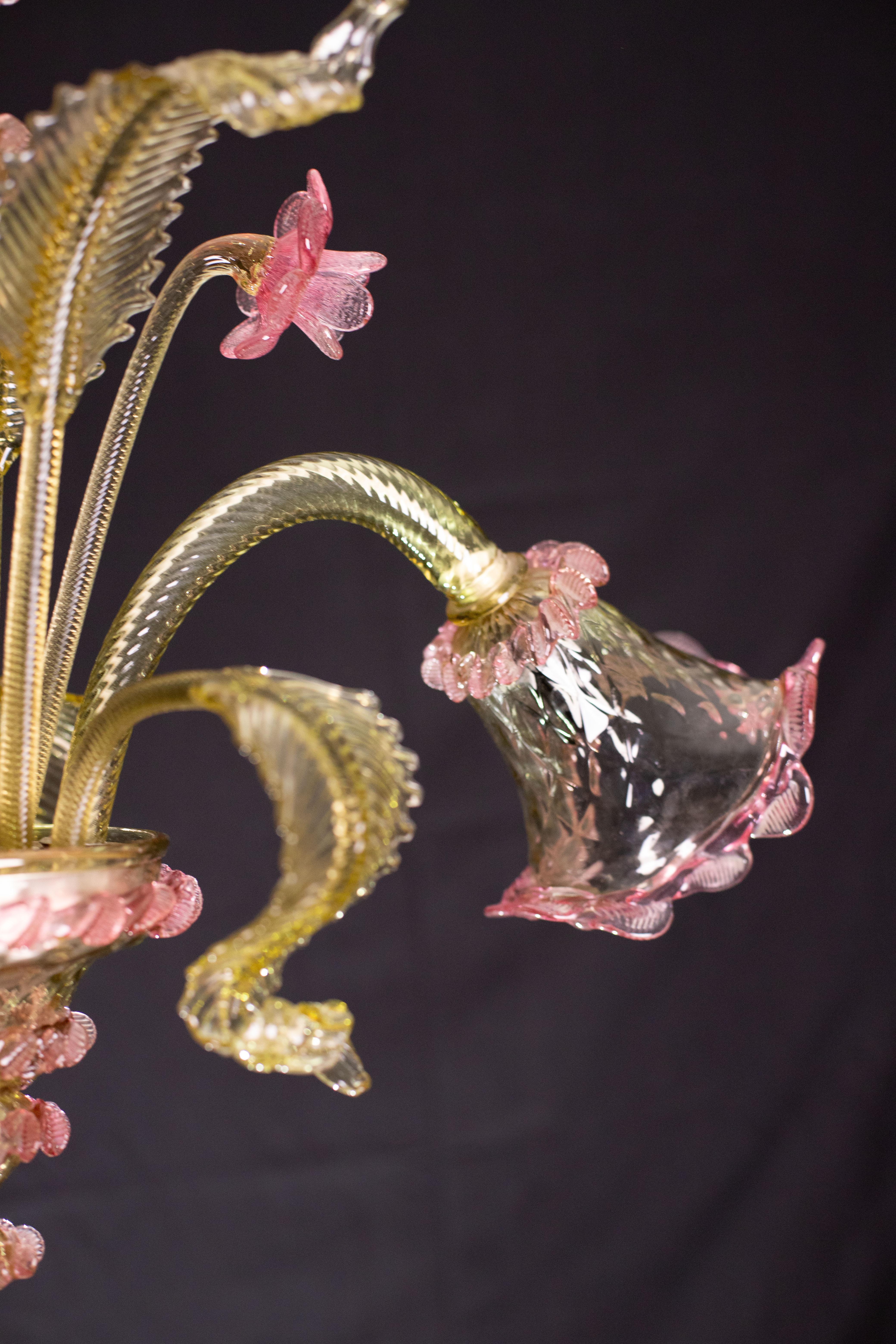 Pretty Vintage Venetian Chandelier Murano Glass, Pink and Green Glass, 1950s For Sale 6