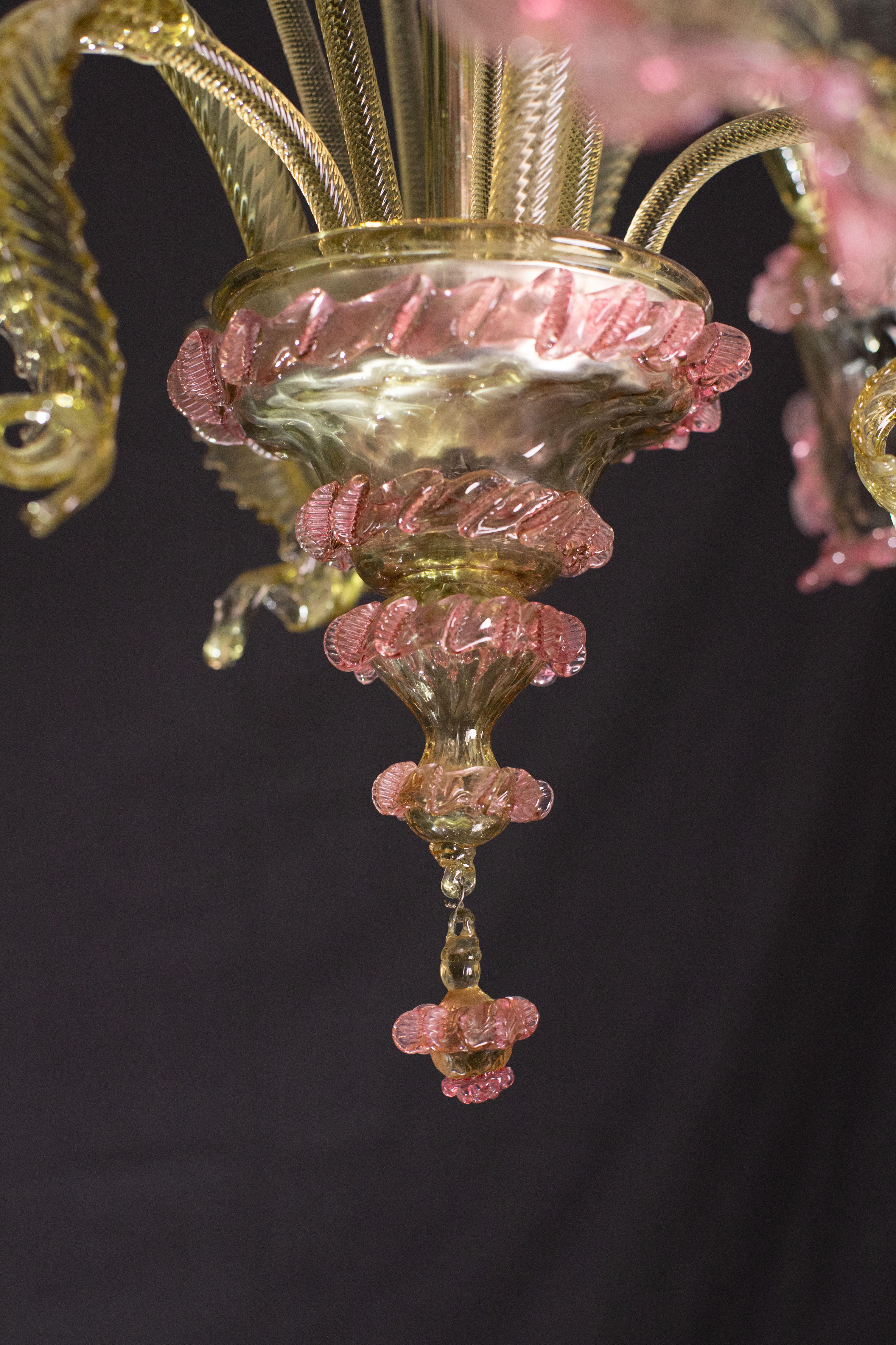 Pretty Vintage Venetian Chandelier Murano Glass, Pink and Green Glass, 1950s For Sale 7