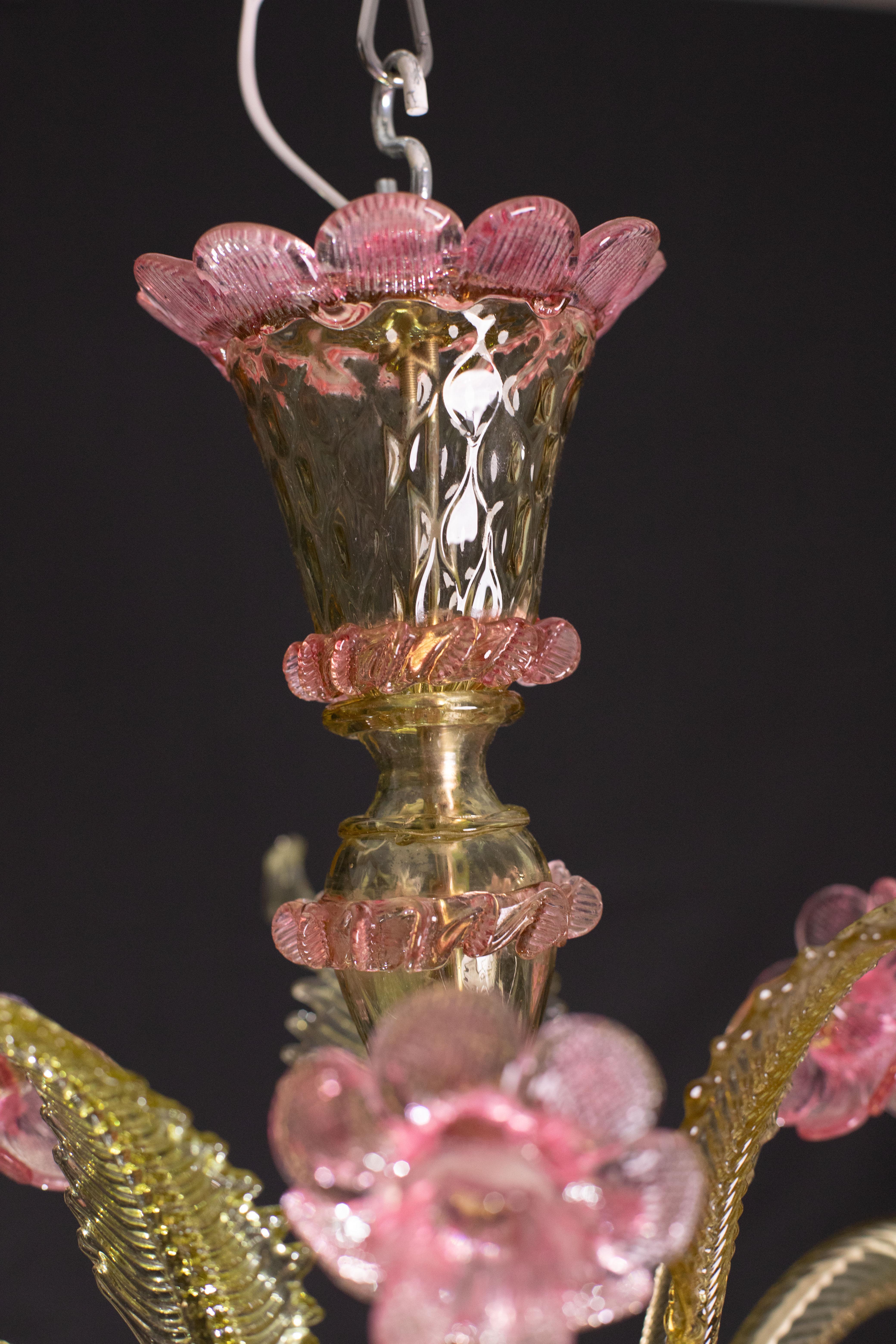 Pretty Vintage Venetian Chandelier Murano Glass, Pink and Green Glass, 1950s For Sale 8