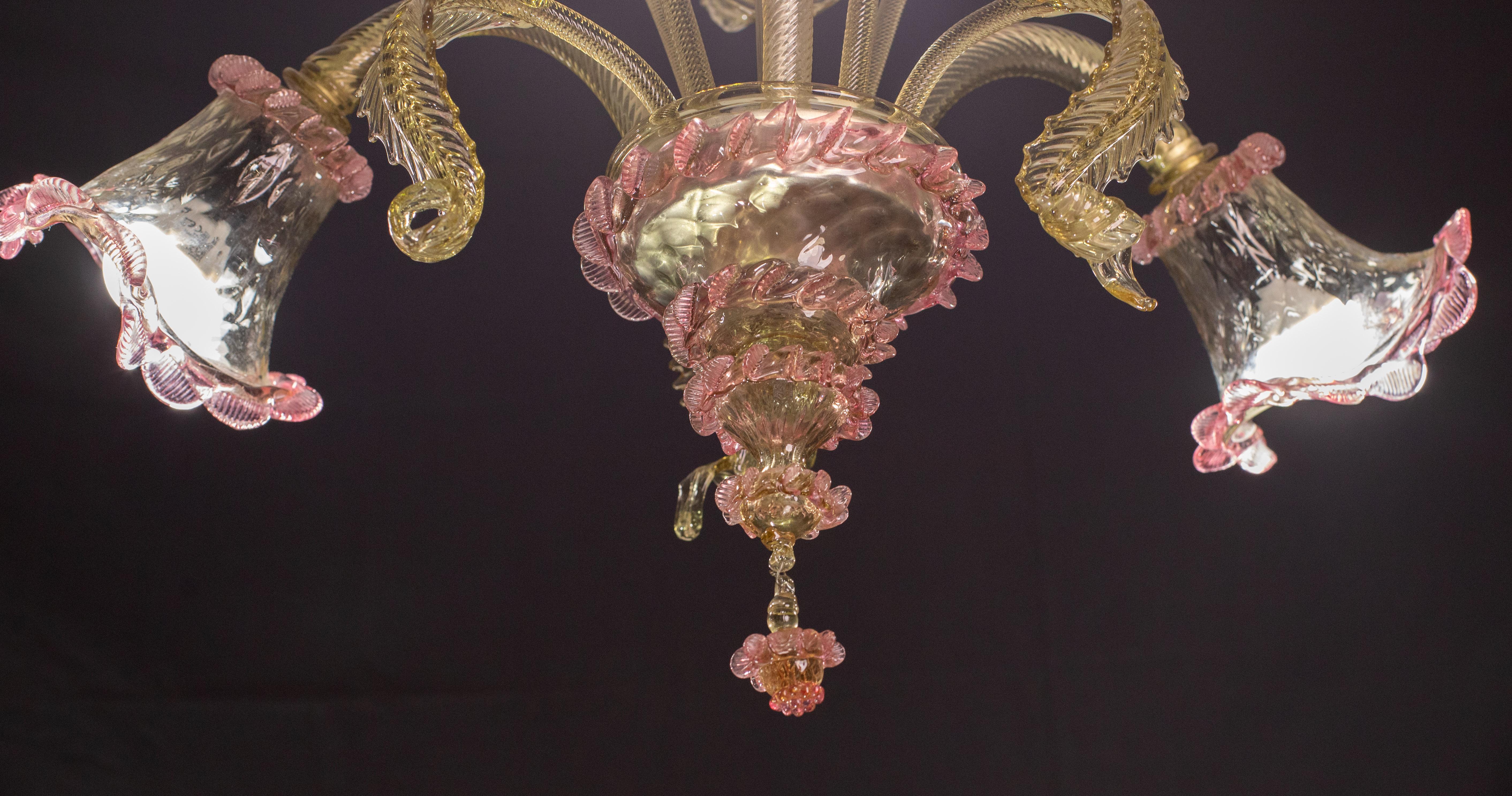 Mid-20th Century Pretty Vintage Venetian Chandelier Murano Glass, Pink and Green Glass, 1950s For Sale