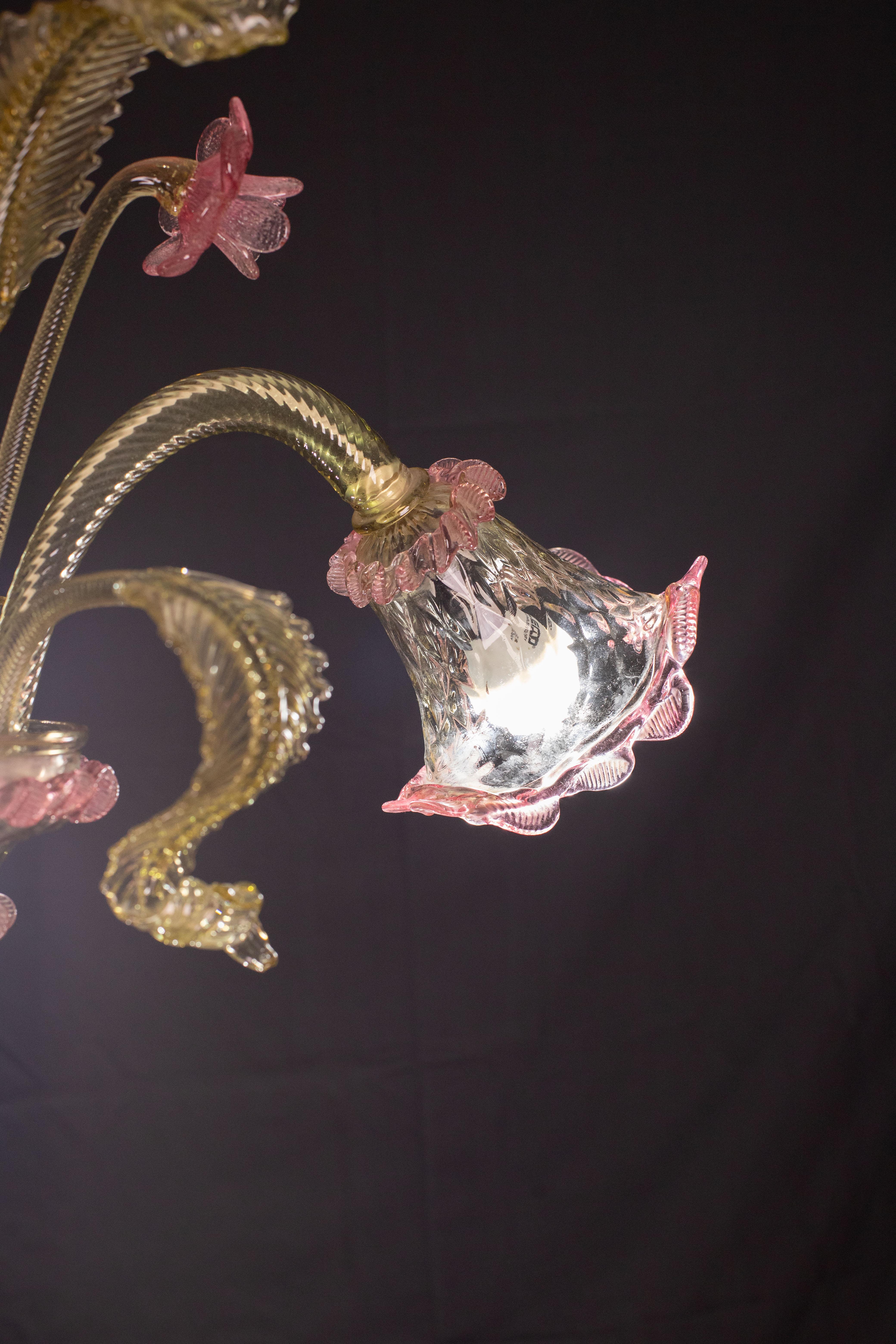 Pretty Vintage Venetian Chandelier Murano Glass, Pink and Green Glass, 1950s For Sale 1