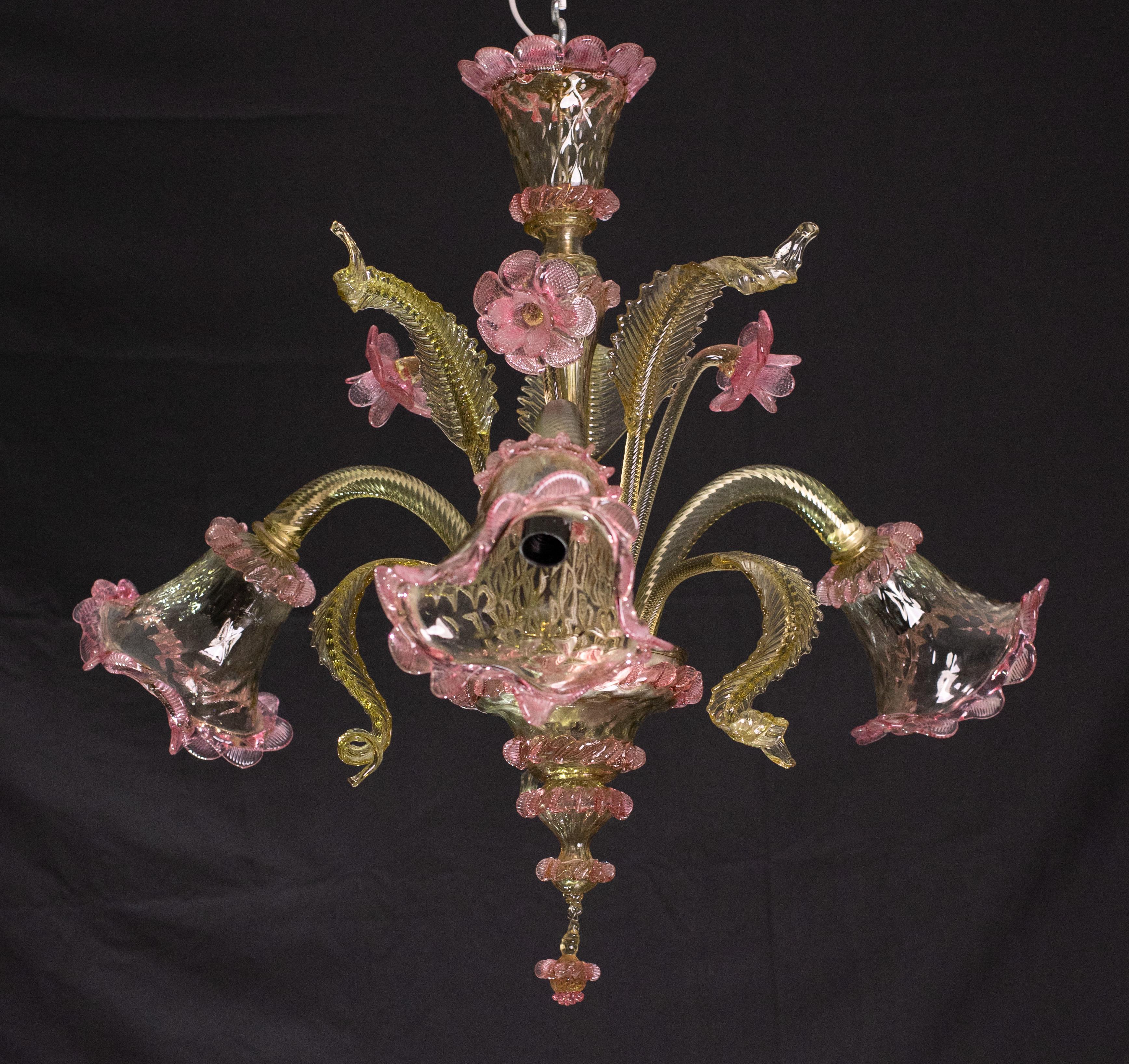 Pretty Vintage Venetian Chandelier Murano Glass, Pink and Green Glass, 1950s For Sale 2