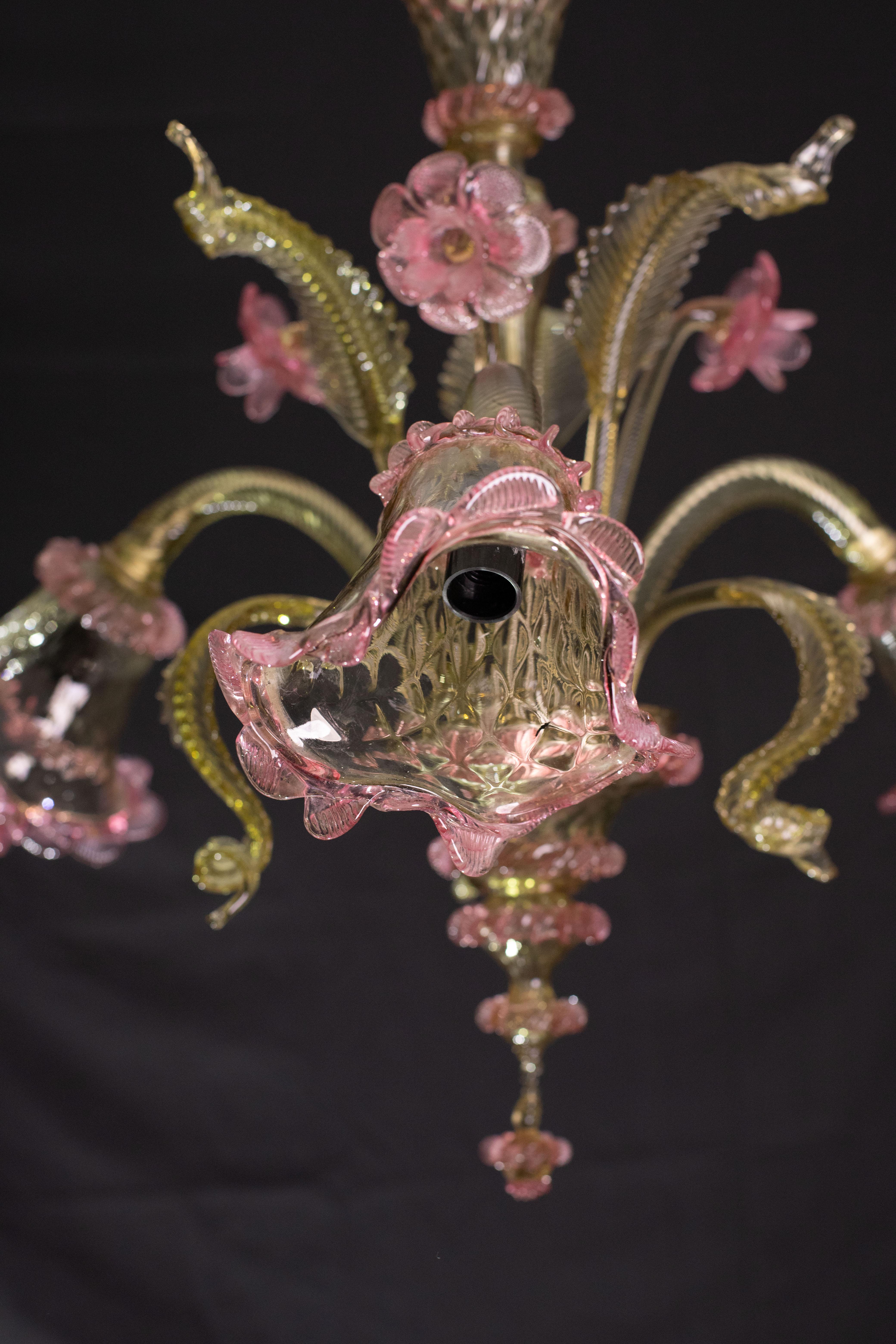 Pretty Vintage Venetian Chandelier Murano Glass, Pink and Green Glass, 1950s For Sale 3