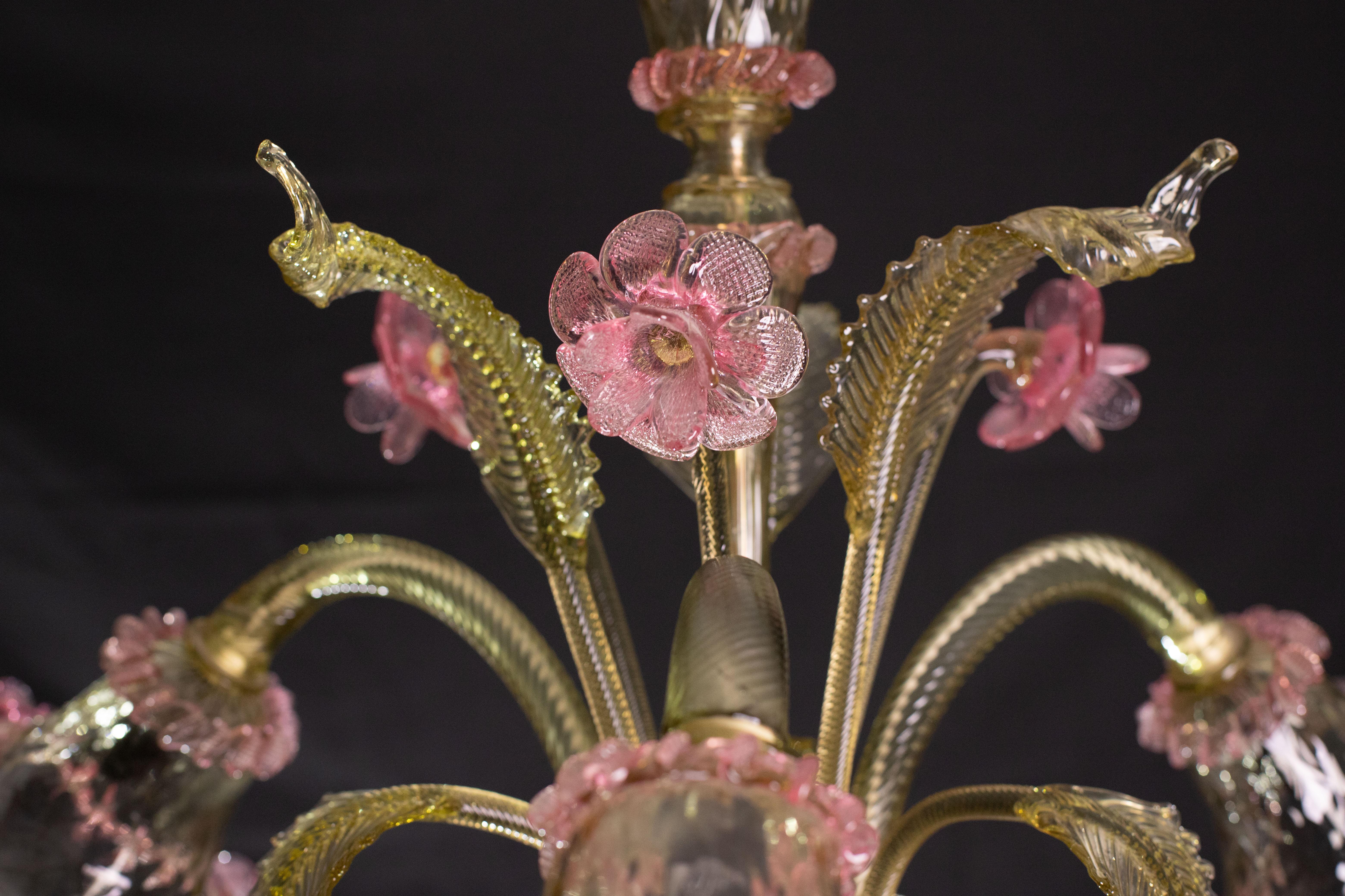 Pretty Vintage Venetian Chandelier Murano Glass, Pink and Green Glass, 1950s For Sale 4