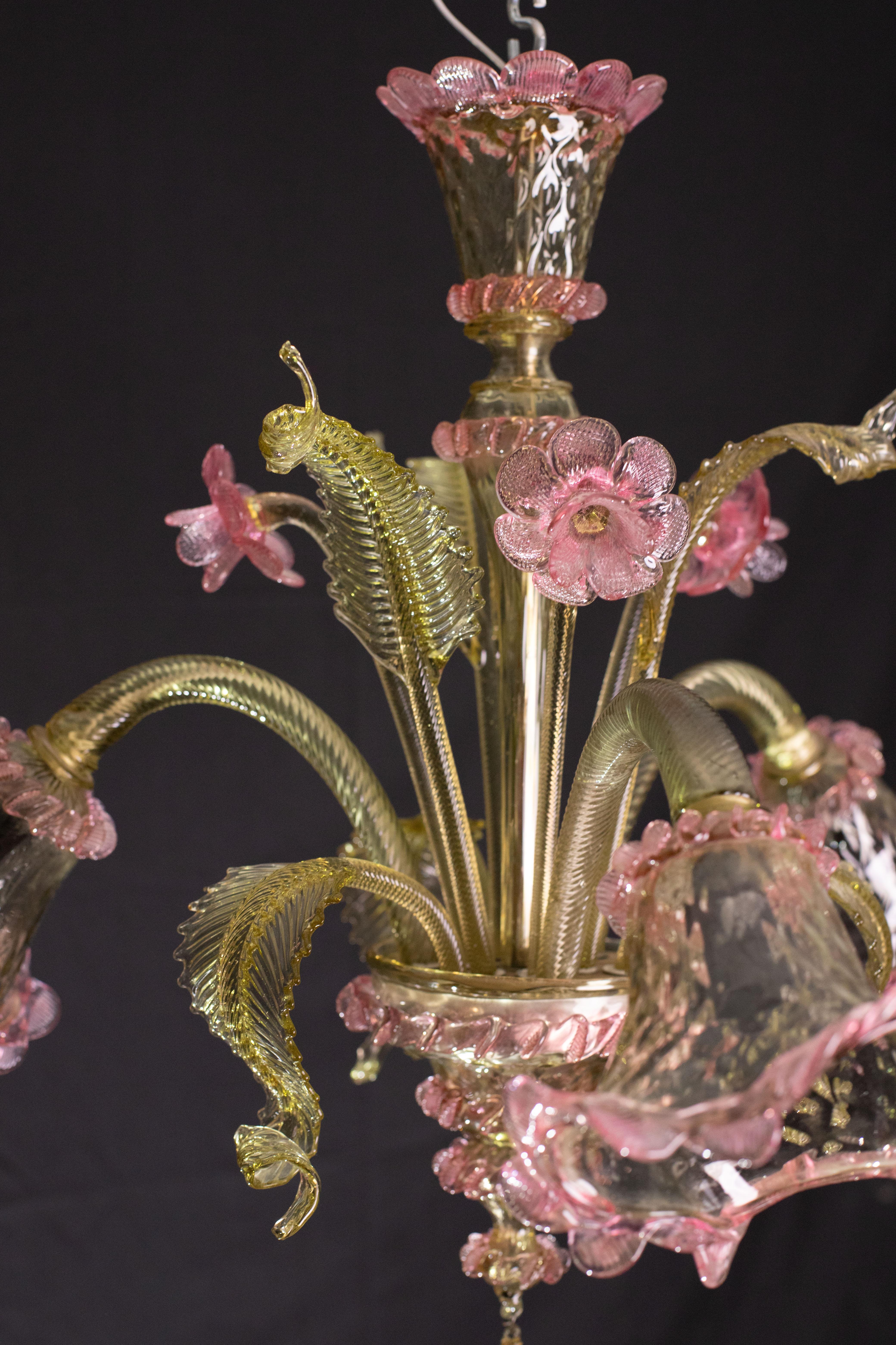 Pretty Vintage Venetian Chandelier Murano Glass, Pink and Green Glass, 1950s For Sale 5