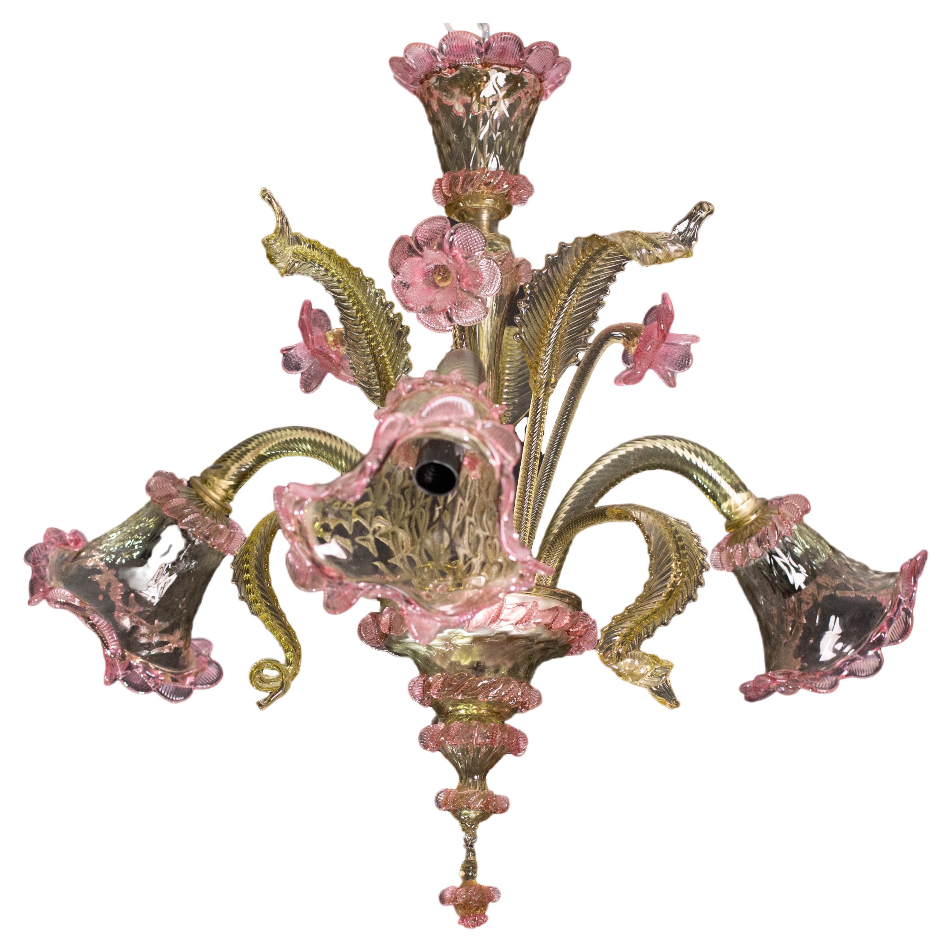Pretty Vintage Venetian Chandelier Murano Glass, Pink and Green Glass, 1950s For Sale