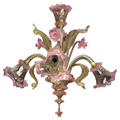 Pretty Vintage Venetian Chandelier Murano Glass, Pink and Green Glass, 1950s