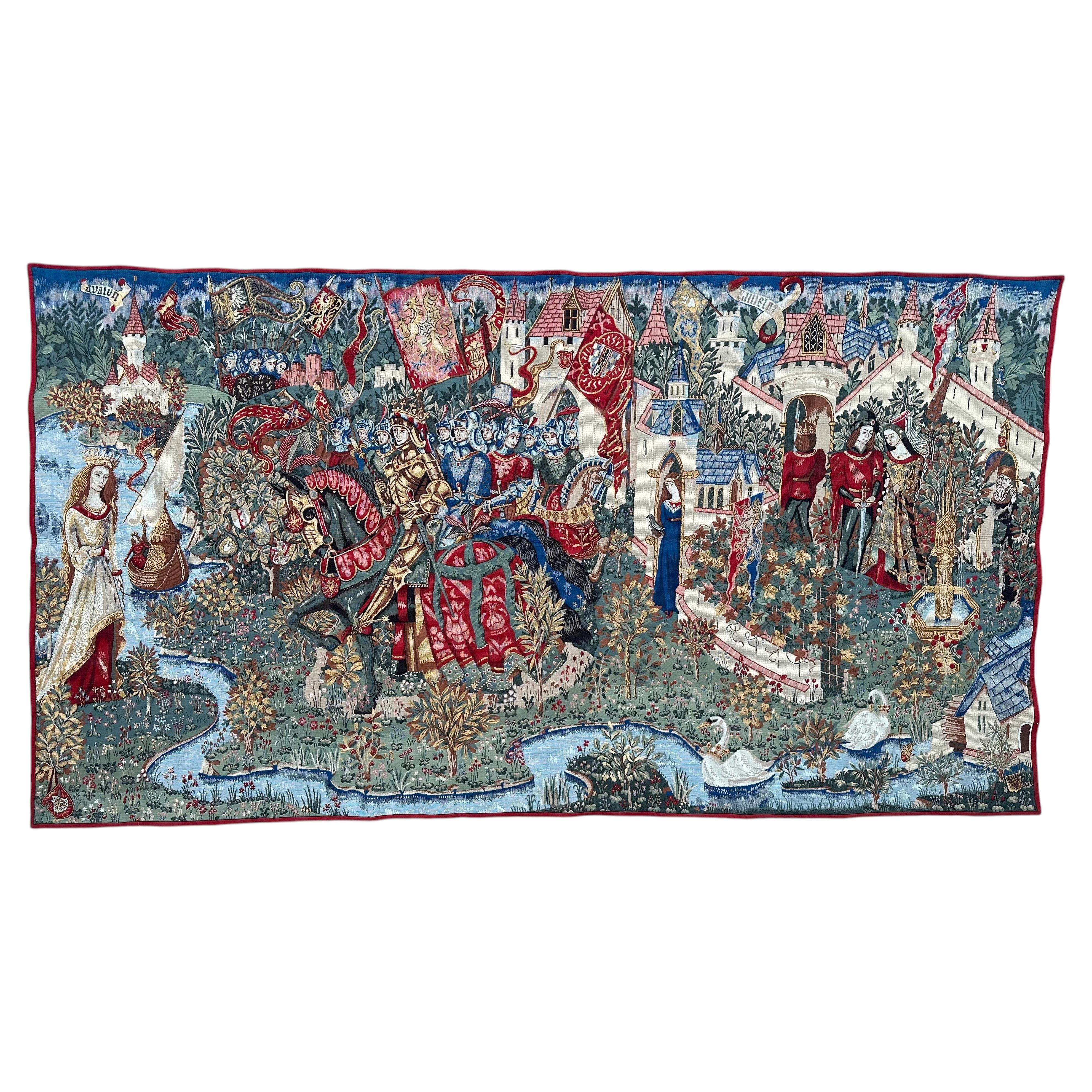 Pretty wide vintage French Aubusson style Jacquard Tapestry «King Arthur legend