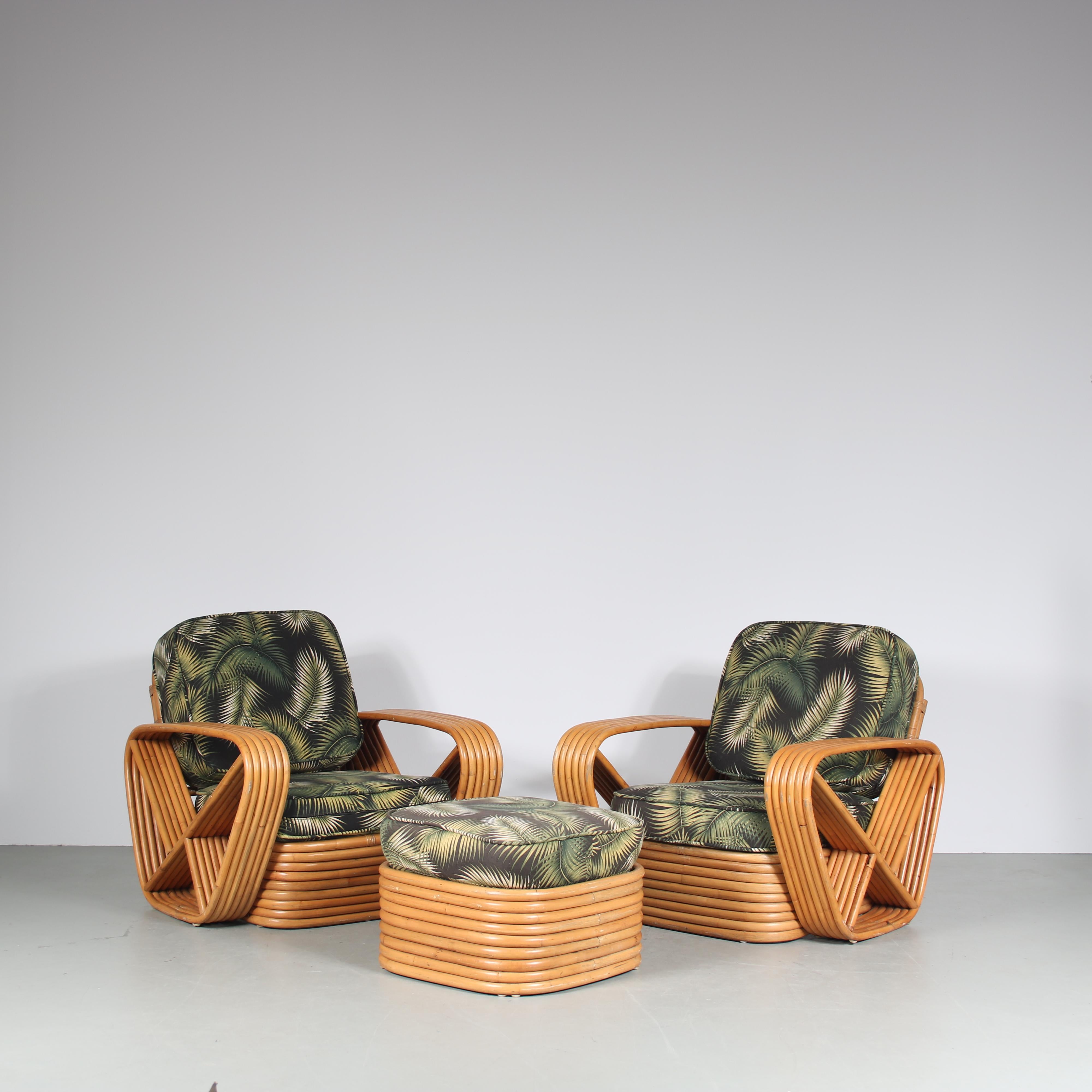 

A captivating set from the 1950s, this pair of “Pretzel” chairs with an accompanying ottoman by Paul Frankl from the USA.

Crafted from natural rattan, the set showcases a unique structure in a “Pretzel” like shape. The curvaceous lines and