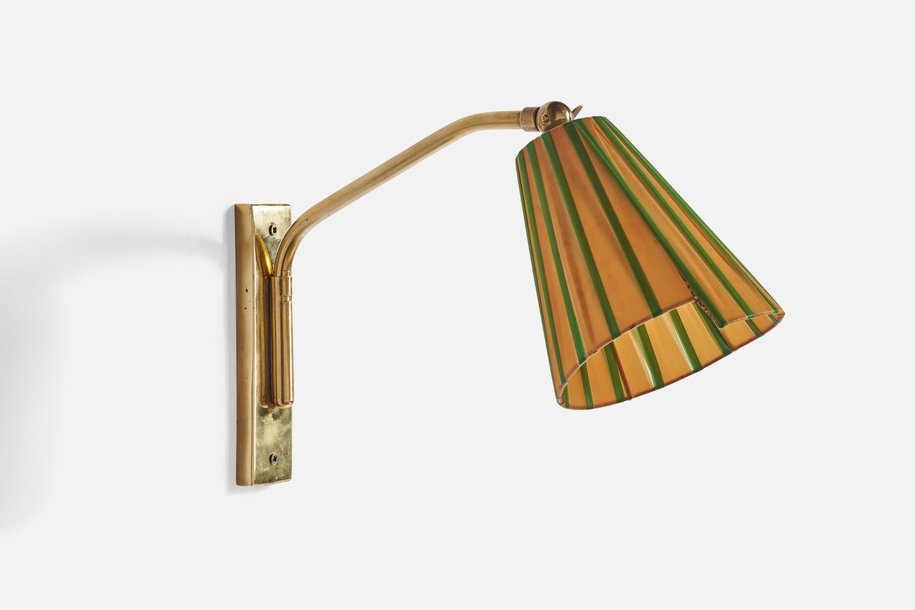 A brass and yellow and green fabric band wall light designed and produced in Austria, c. 1950s.

Overall Dimensions (inches): 7” H x 4.75”  W x 10.75” D
Back Plate Dimensions (inches): 6”  H x 1.5” W x .50” D
Bulb Specifications: E-14 Bulb
Number of