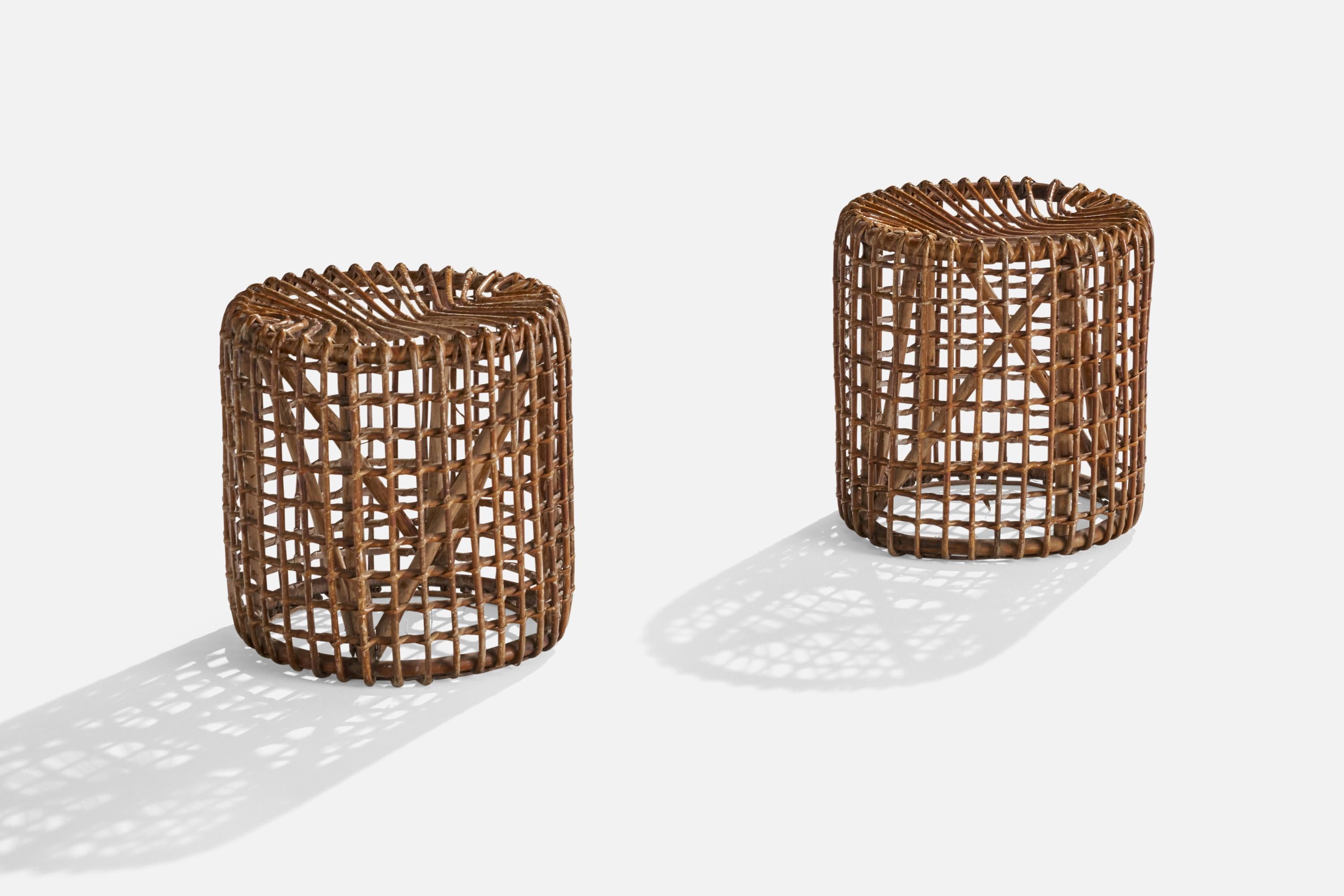 A pair of rattan and bamboo stools designed and produced in Italy, 1960s.

Seat height: 14.5”