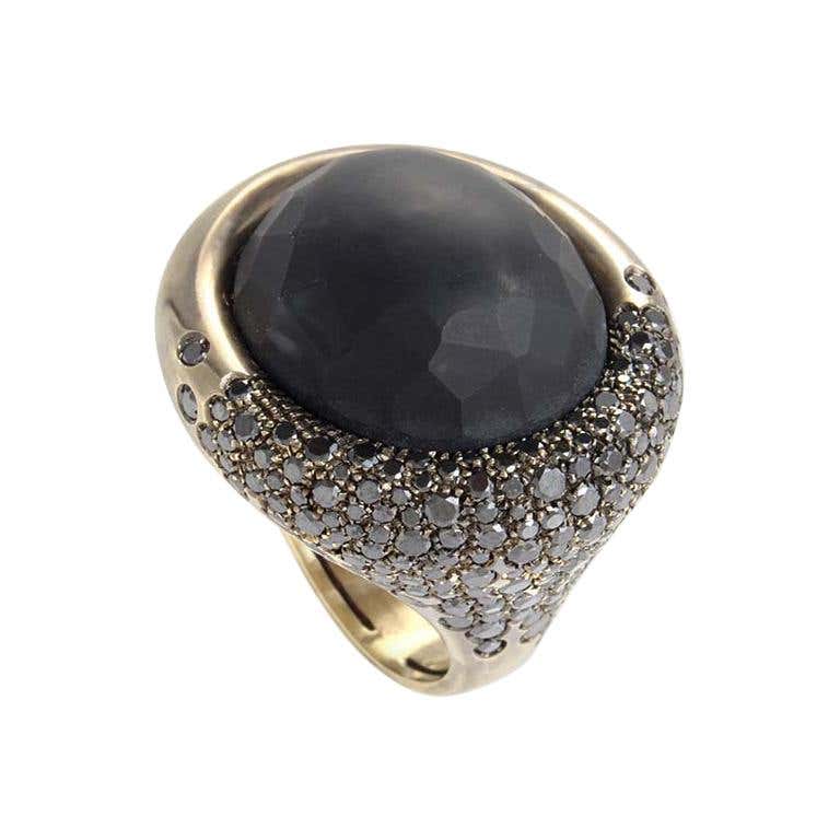 Obsidian and Diamond Ring, 18 Karat White Gold For Sale at 1stdibs