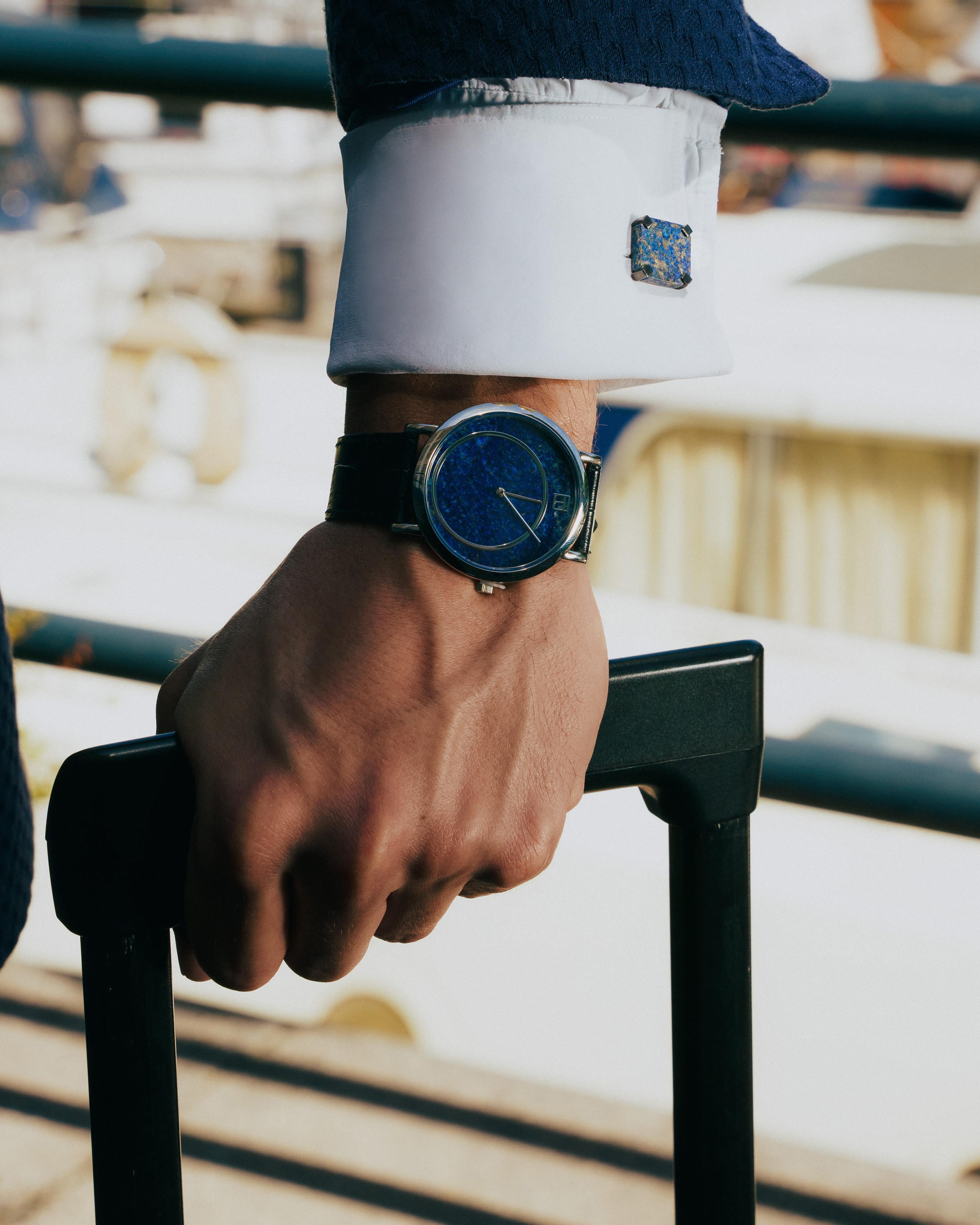 Prezioso Watch with Lapis, Black Italian Leather and Stainless Steel In New Condition For Sale In Fulham business exchange, London